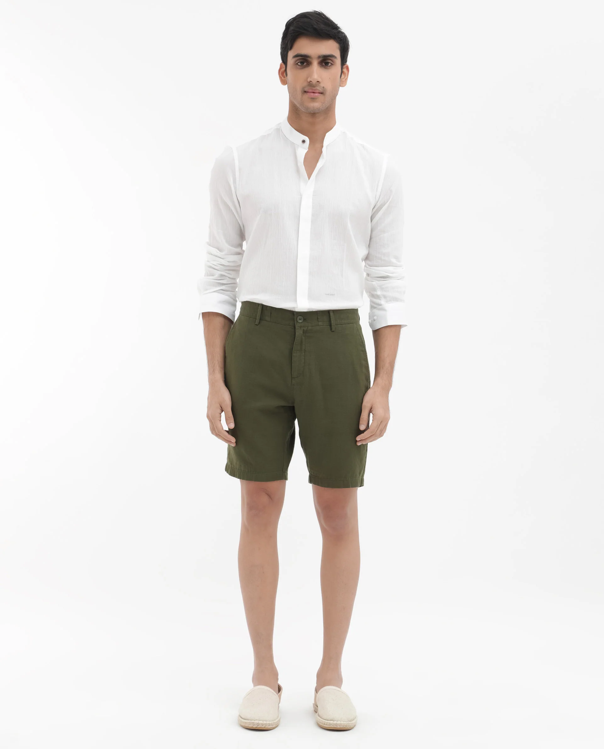 Rare Rabbit Men's Pinto Olive Cotton Plain Regular Fit Shorts - Image 2