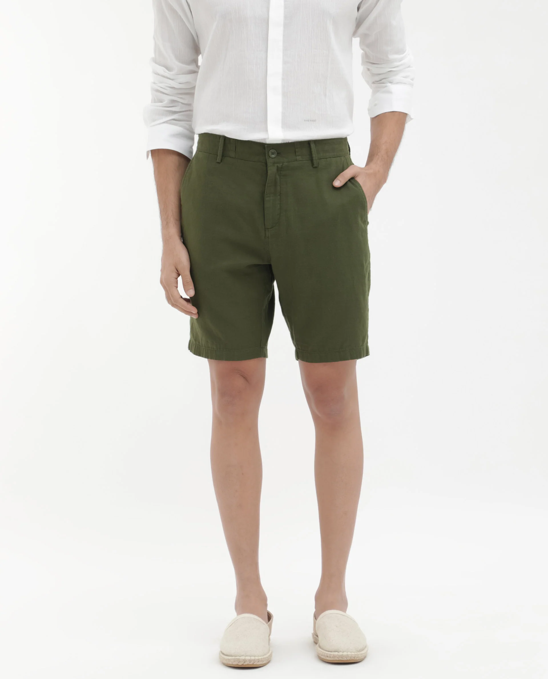 Rare Rabbit Men's Pinto Olive Cotton Plain Regular Fit Shorts - Image 6