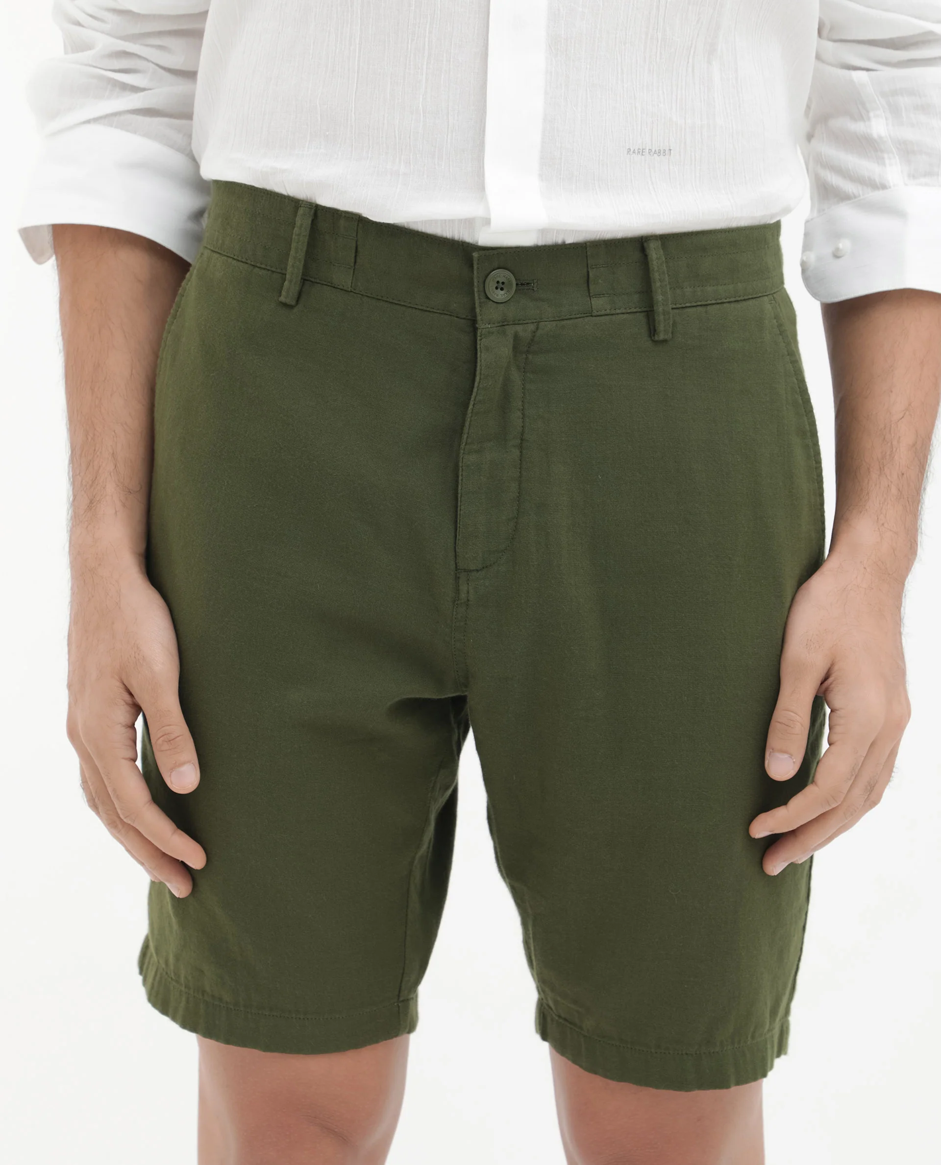 Rare Rabbit Men's Pinto Olive Cotton Plain Regular Fit Shorts - Image 8