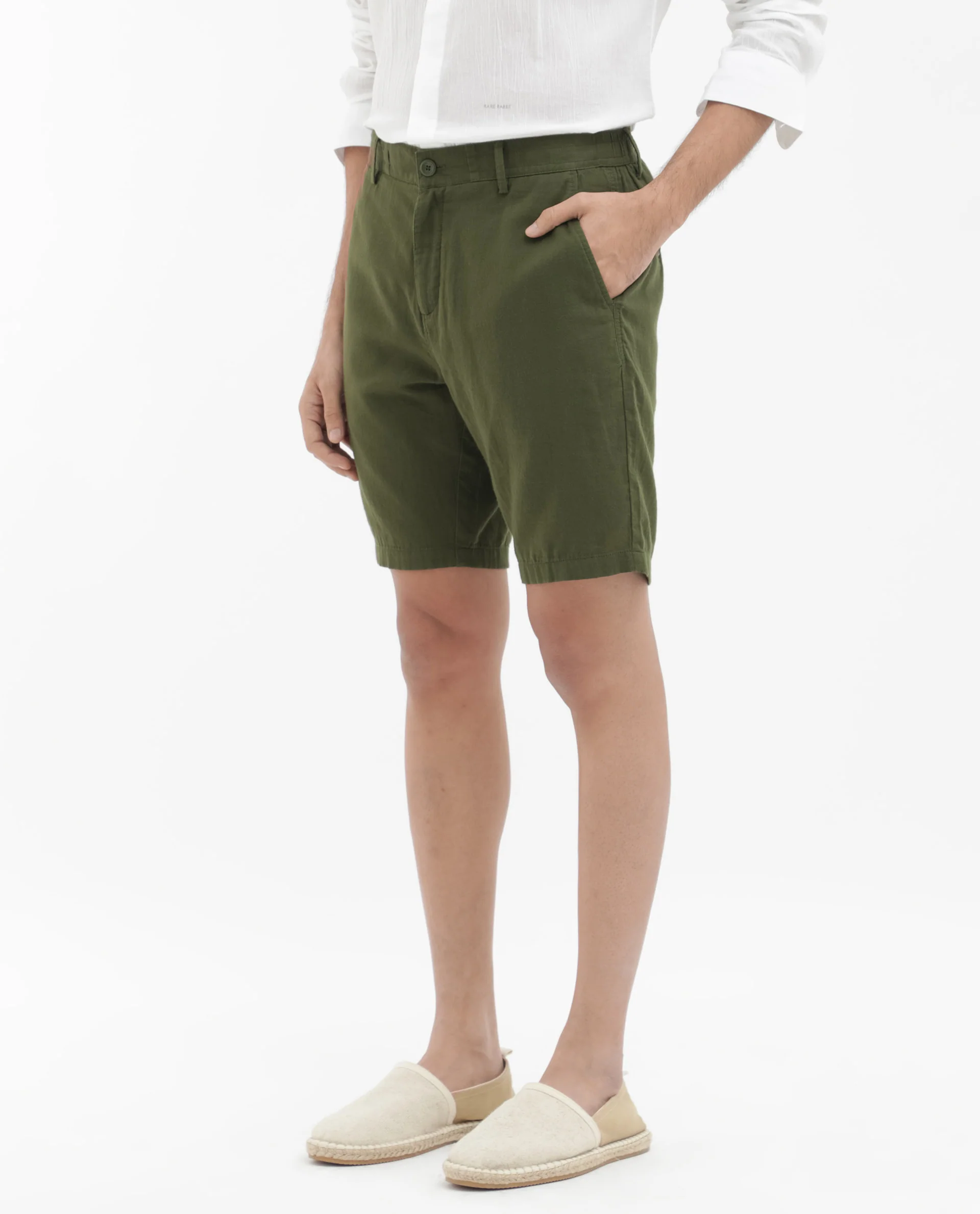 Rare Rabbit Men's Pinto Olive Cotton Plain Regular Fit Shorts - Image 9
