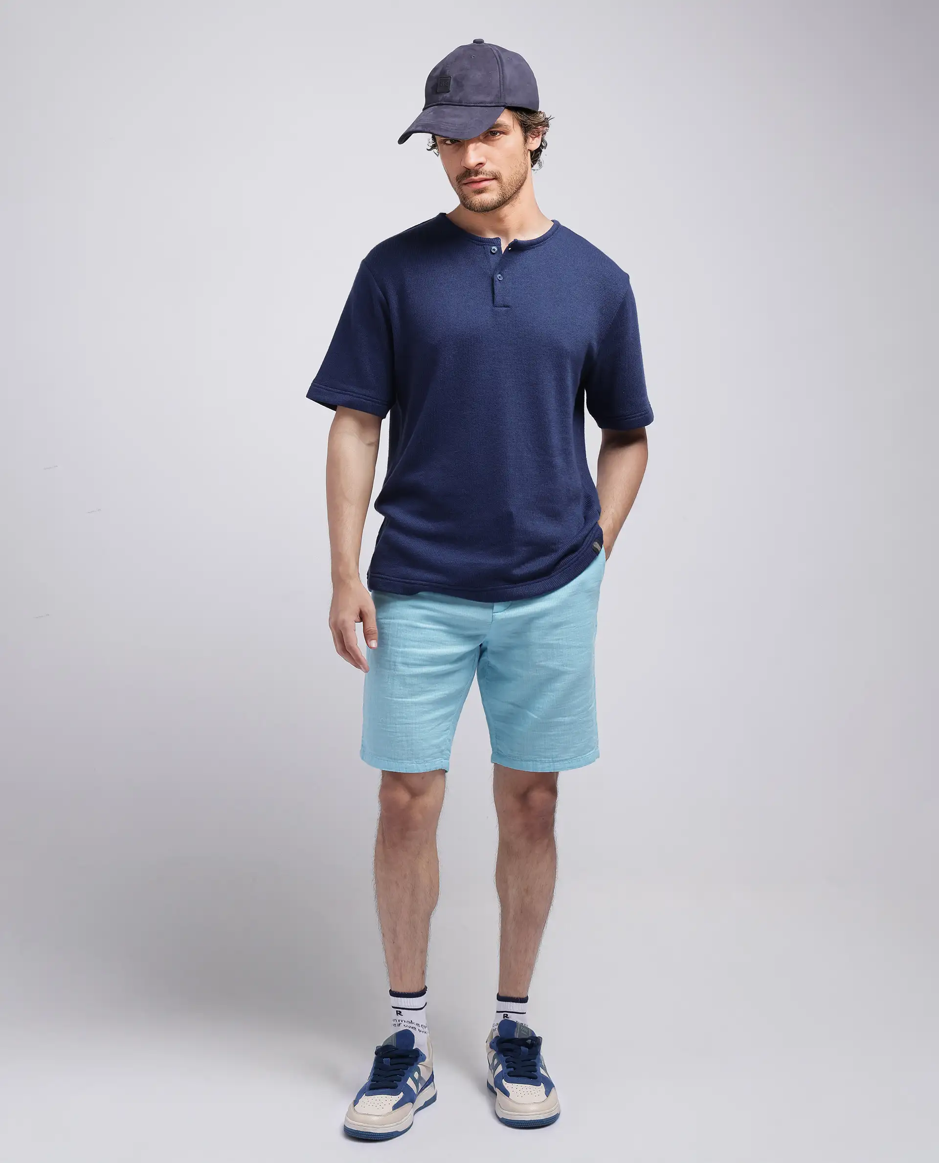Rare Rabbit Men's Pinto-25 Light Blue Cotton Plain Regular Fit Shorts