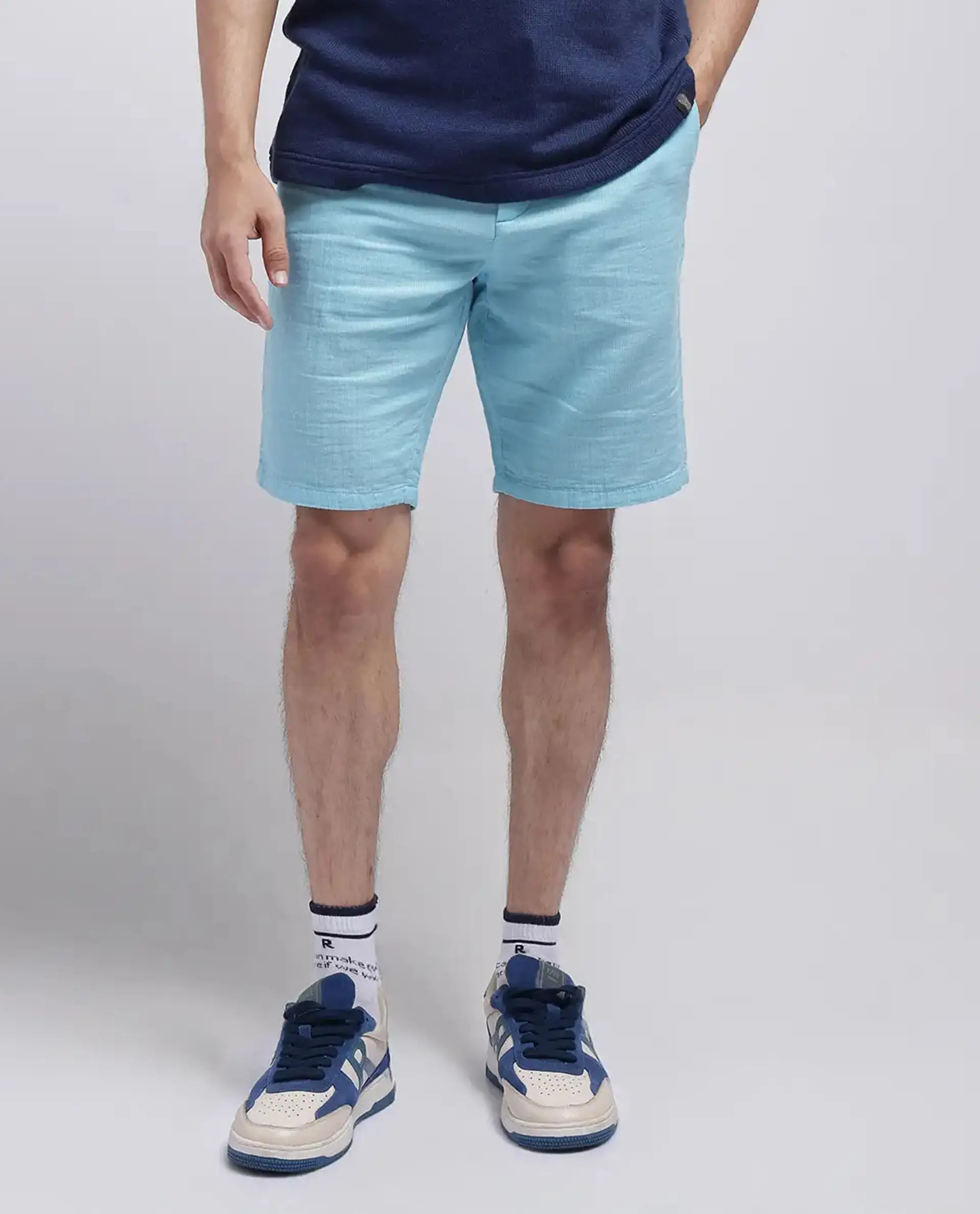 Rare Rabbit Men's Pinto-25 Light Blue Cotton Plain Regular Fit Shorts - Image 10