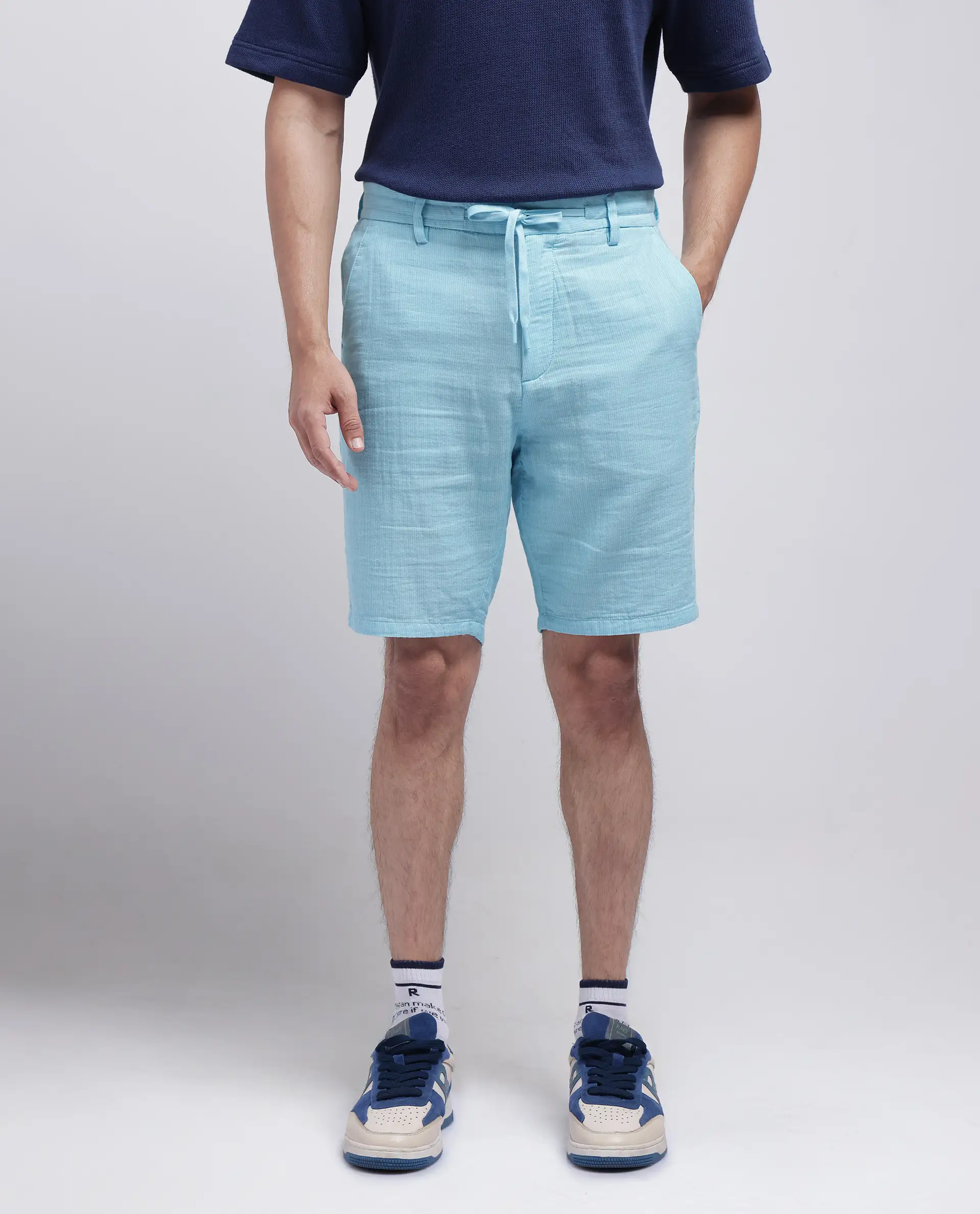 Rare Rabbit Men's Pinto-25 Light Blue Cotton Plain Regular Fit Shorts - Image 5