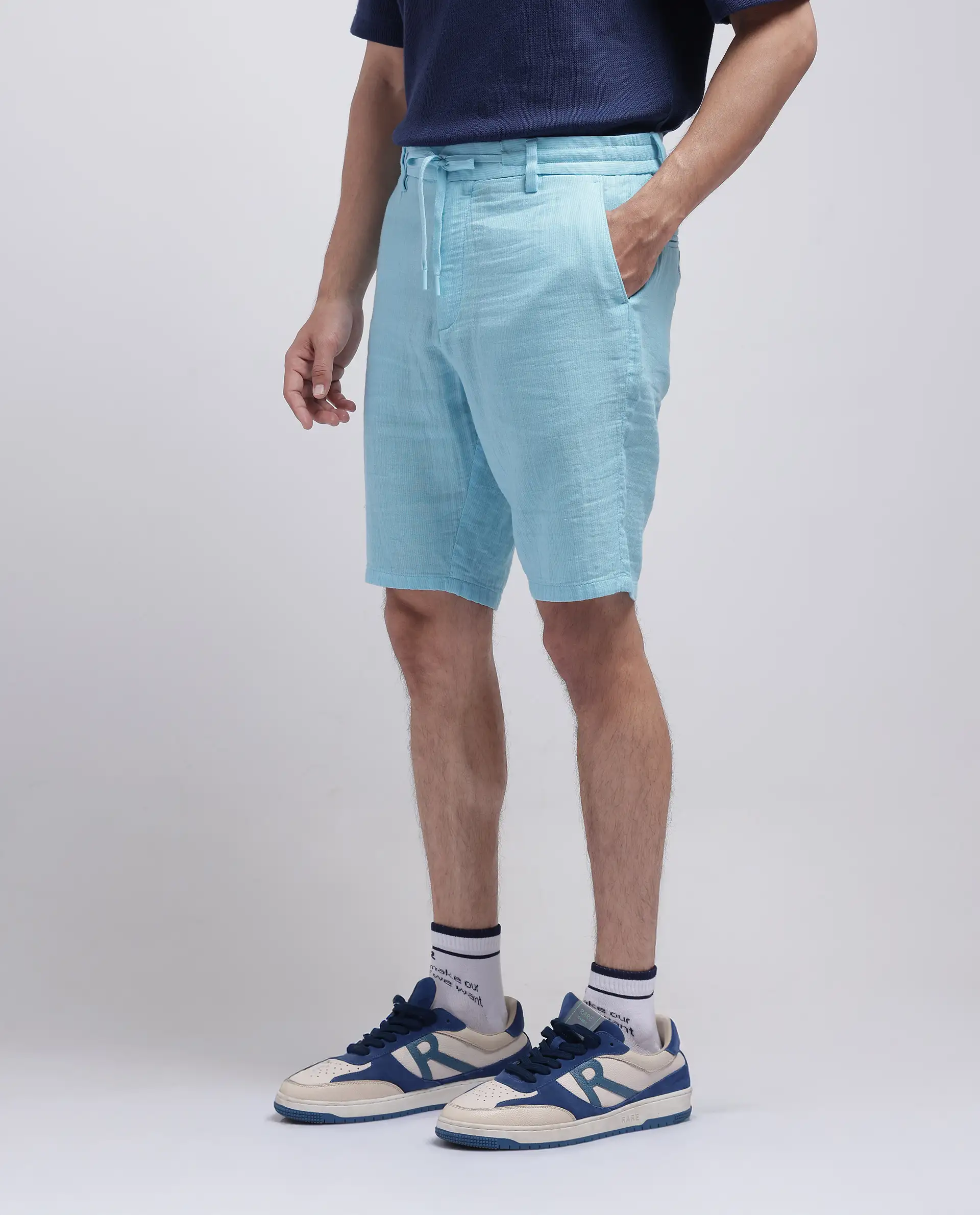 Rare Rabbit Men's Pinto-25 Light Blue Cotton Plain Regular Fit Shorts - Image 6
