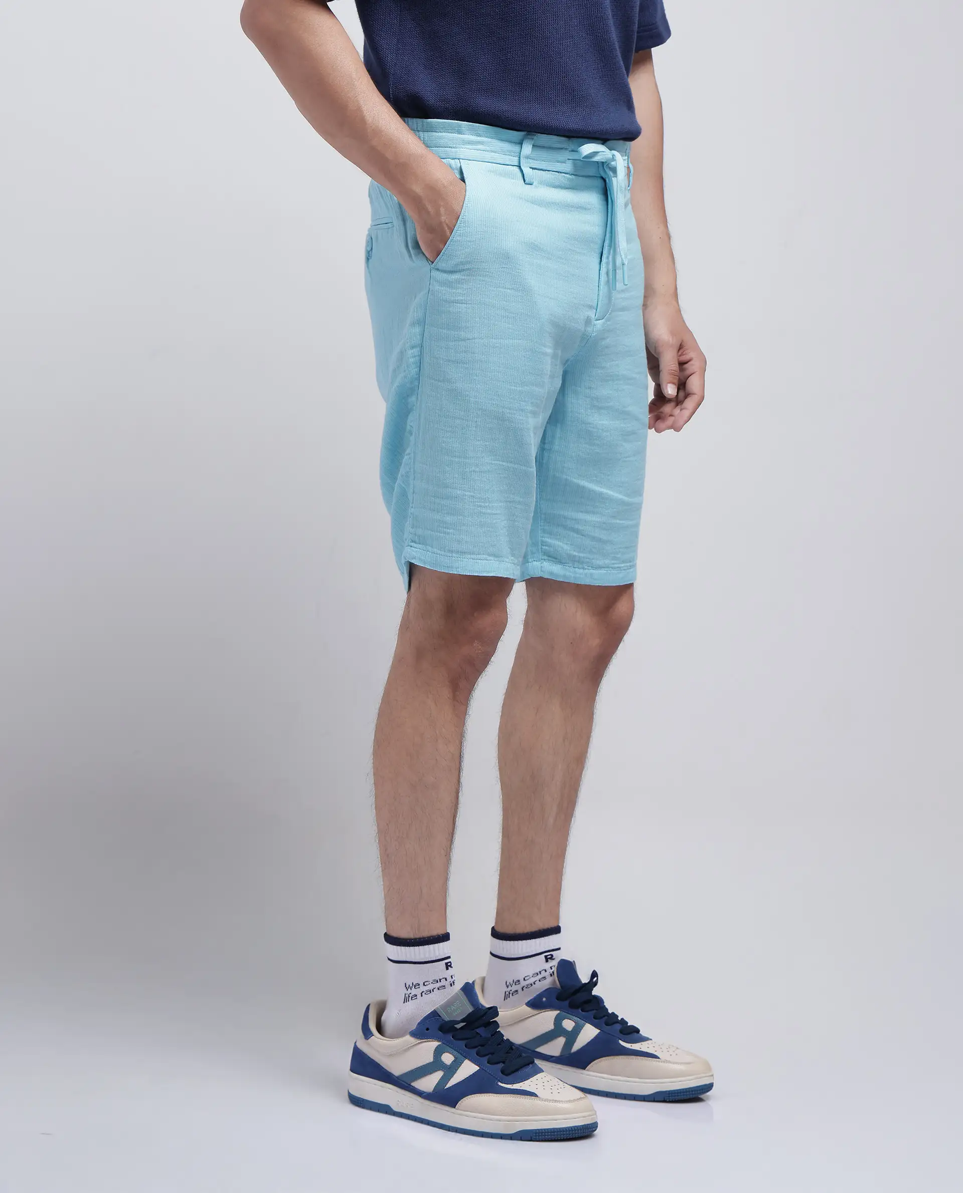Rare Rabbit Men's Pinto-25 Light Blue Cotton Plain Regular Fit Shorts - Image 7