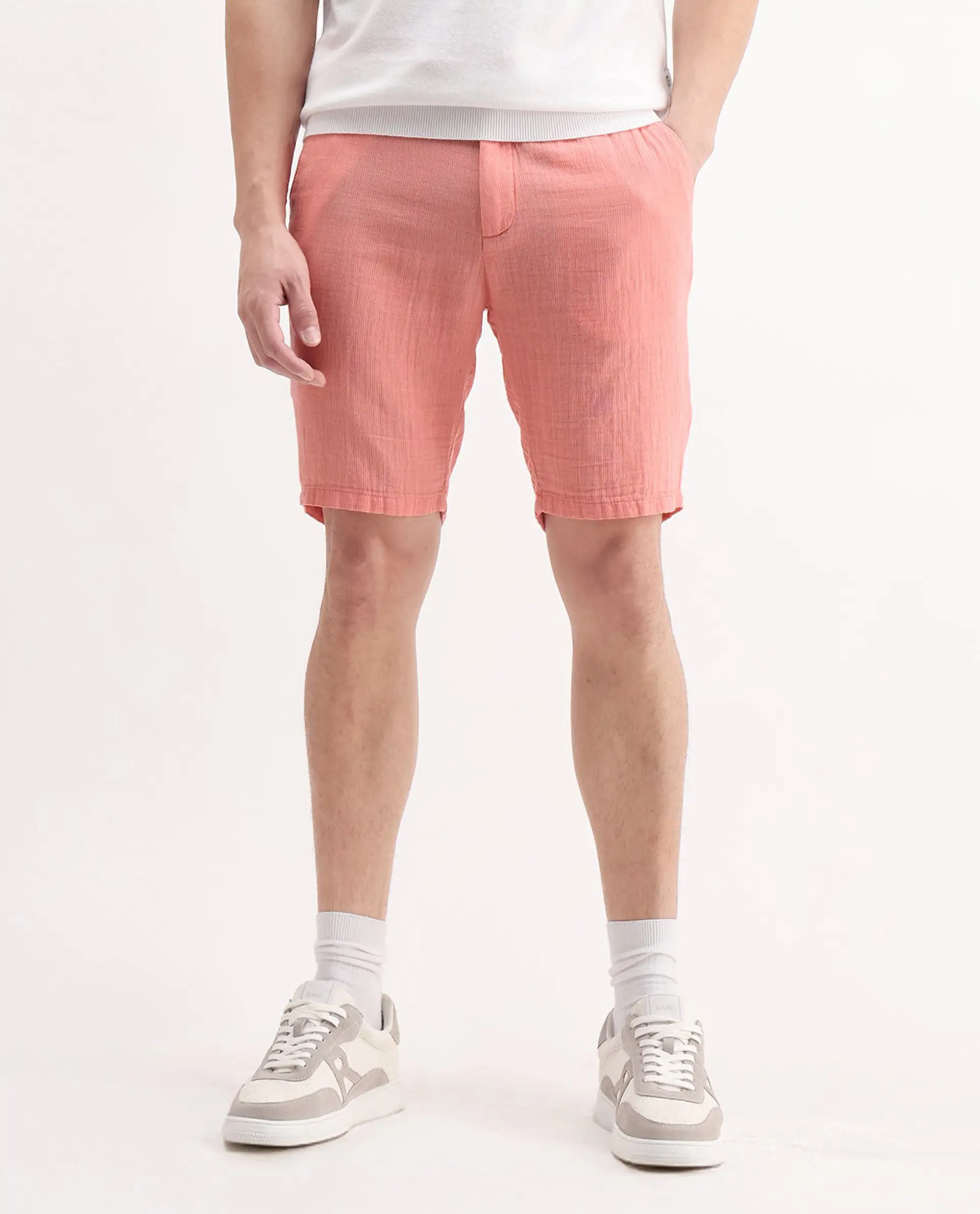 Rare Rabbit Men's Pinto-25 Light Peach Cotton Plain Regular Fit Shorts - Image 10