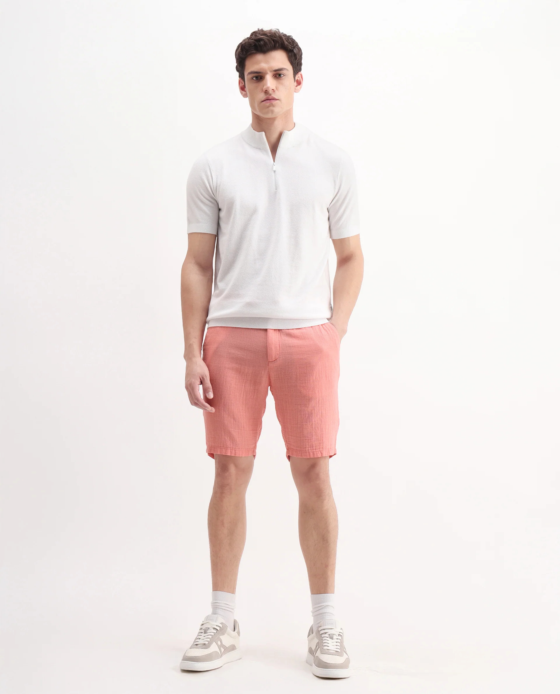 Rare Rabbit Men's Pinto-25 Light Peach Cotton Plain Regular Fit Shorts - Image 3