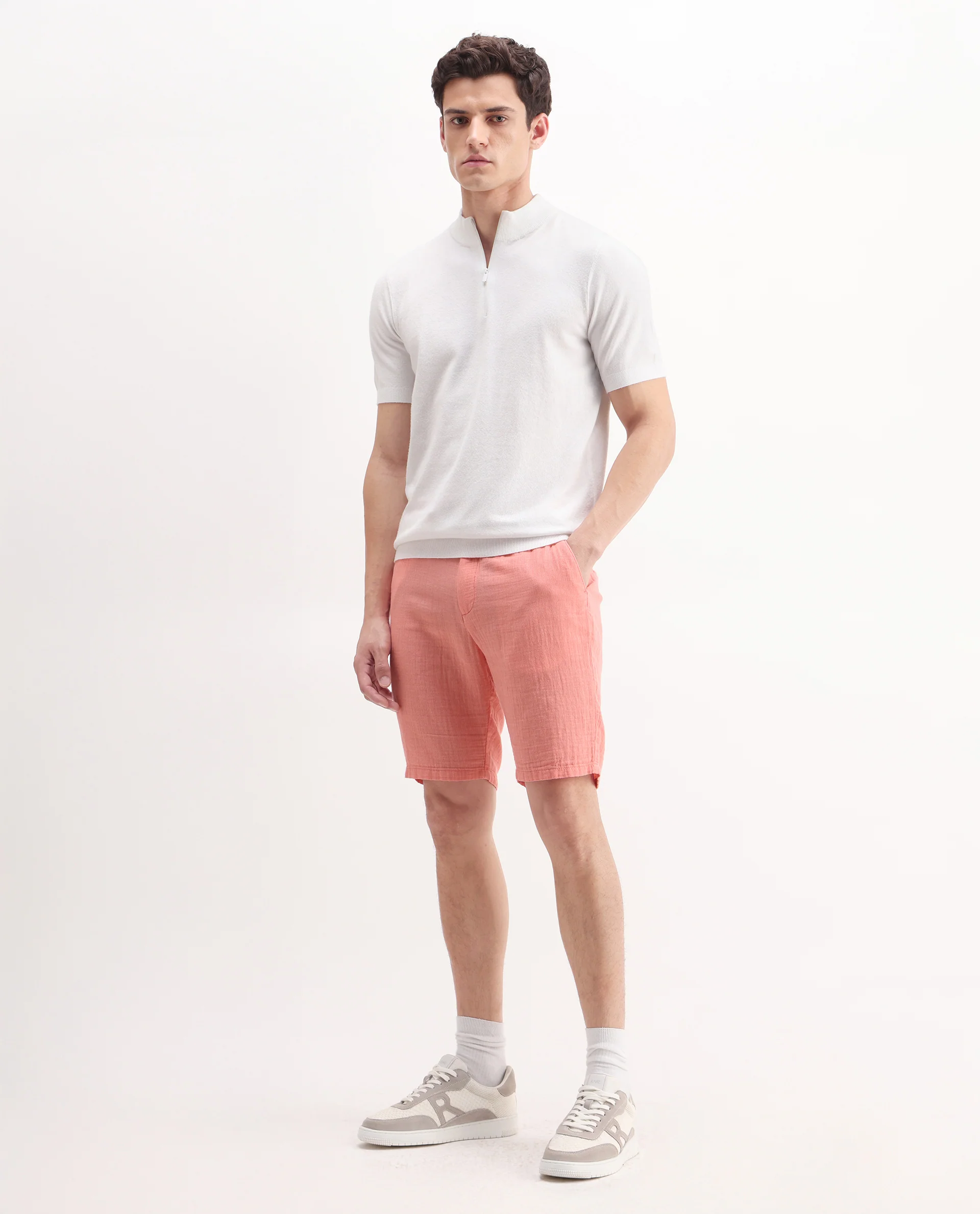 Rare Rabbit Men's Pinto-25 Light Peach Cotton Plain Regular Fit Shorts - Image 7