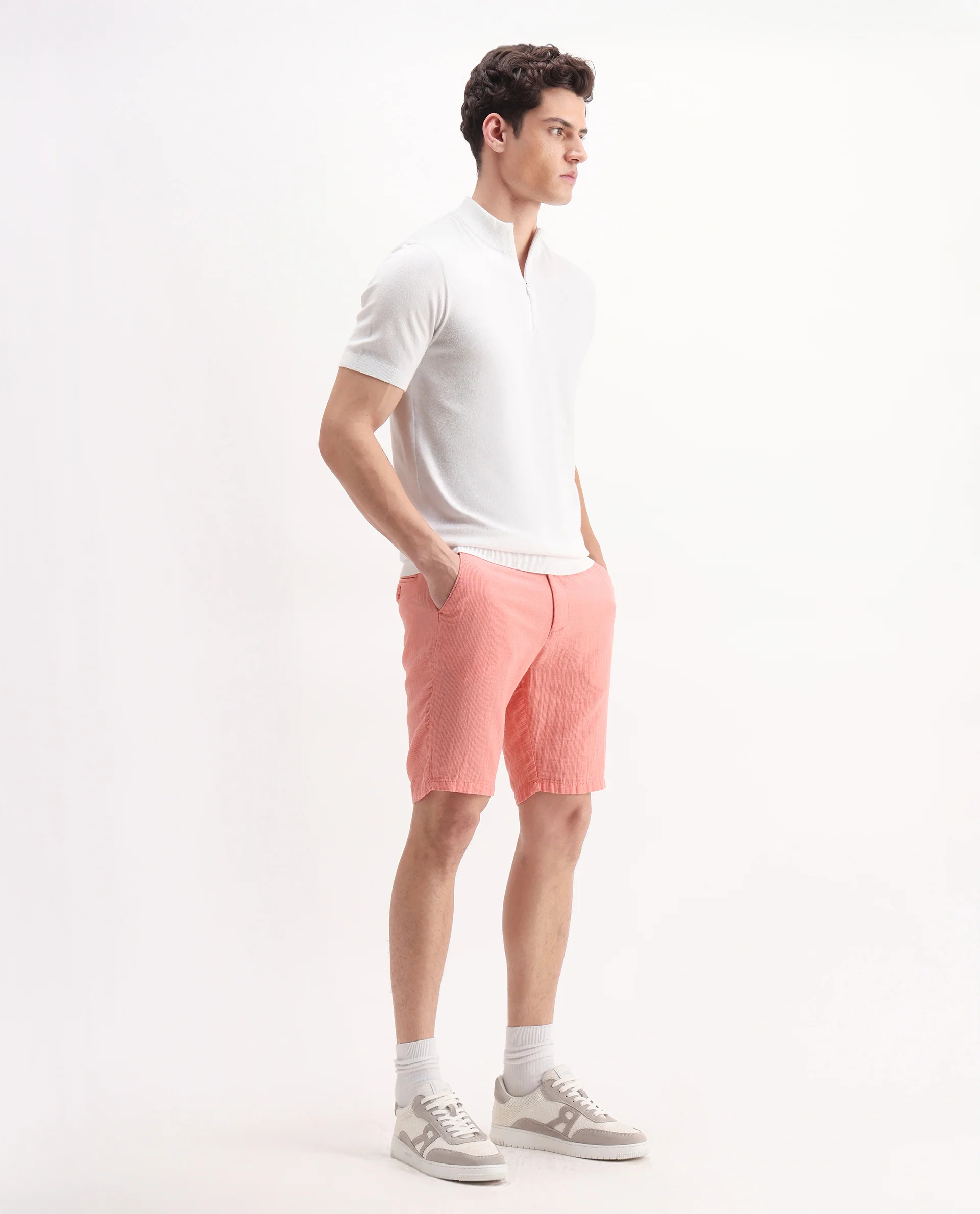 Rare Rabbit Men's Pinto-25 Light Peach Cotton Plain Regular Fit Shorts - Image 8