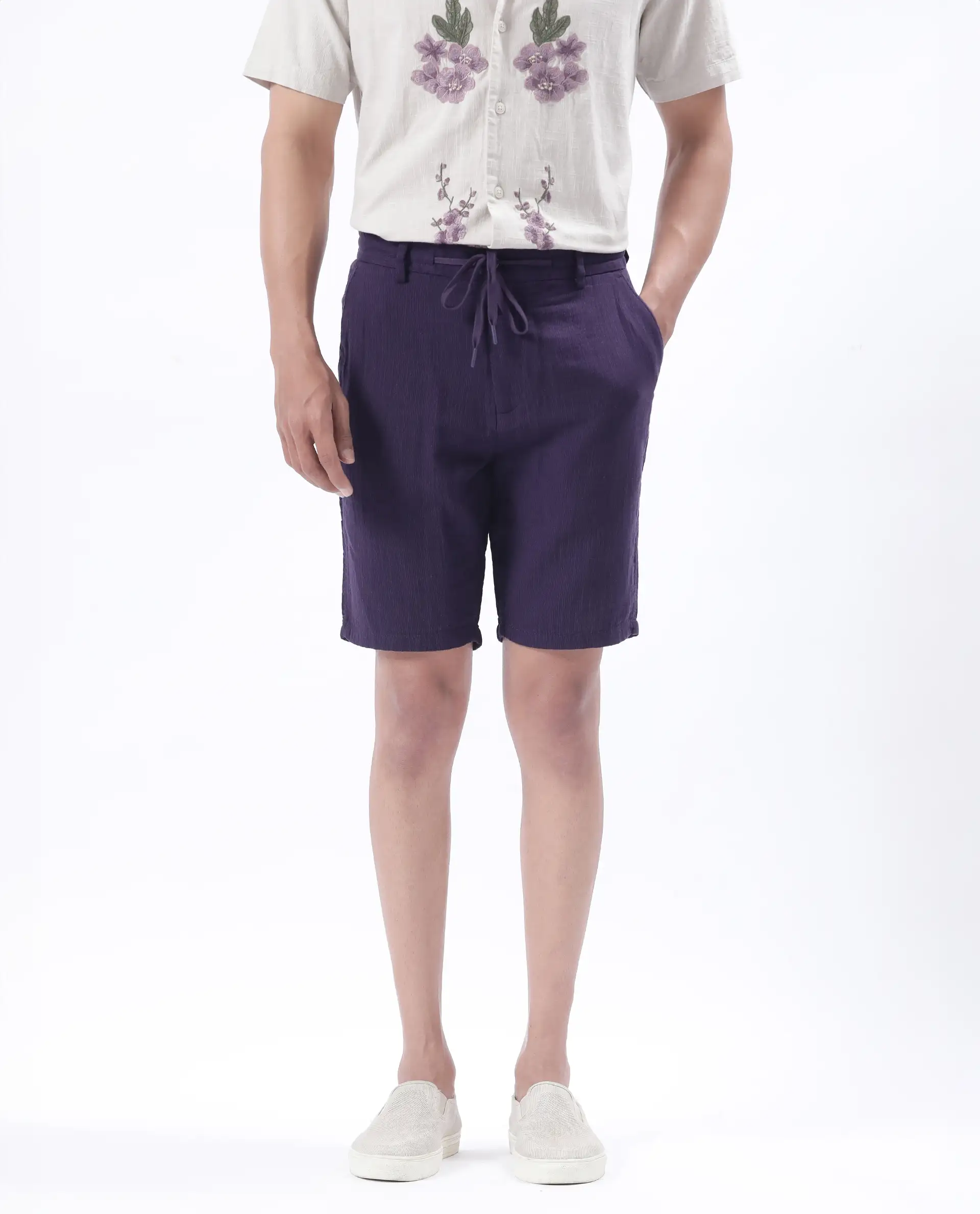 Rare Rabbit Men's Pinto-25 Purple Cotton Plain Regular Fit Shorts - Image 2