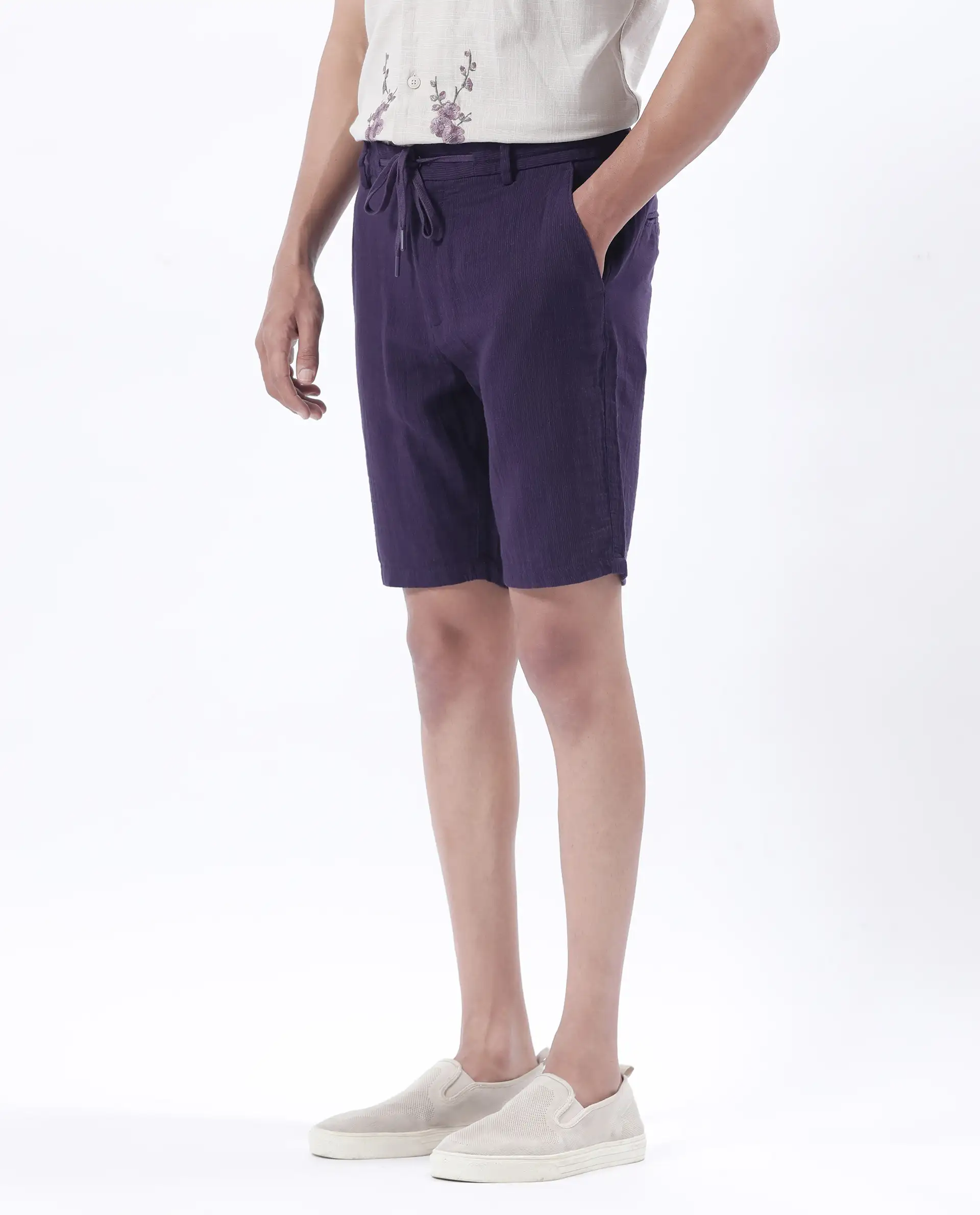 Rare Rabbit Men's Pinto-25 Purple Cotton Plain Regular Fit Shorts - Image 3