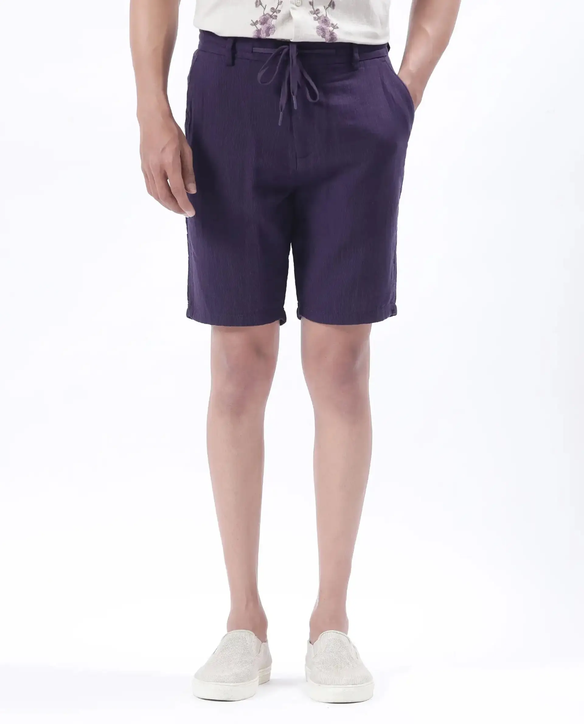 Rare Rabbit Men's Pinto-25 Purple Cotton Plain Regular Fit Shorts - Image 9
