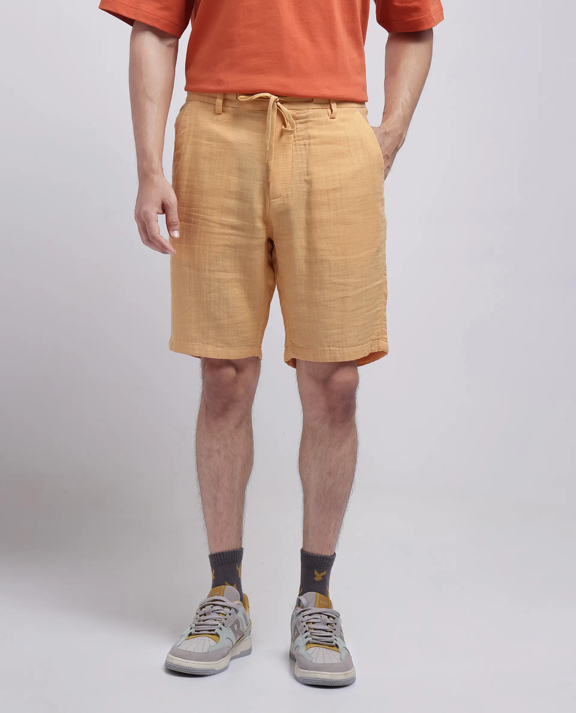 Rare Rabbit Men's Pinto-25 Yellow Cotton Plain Regular Fit Shorts