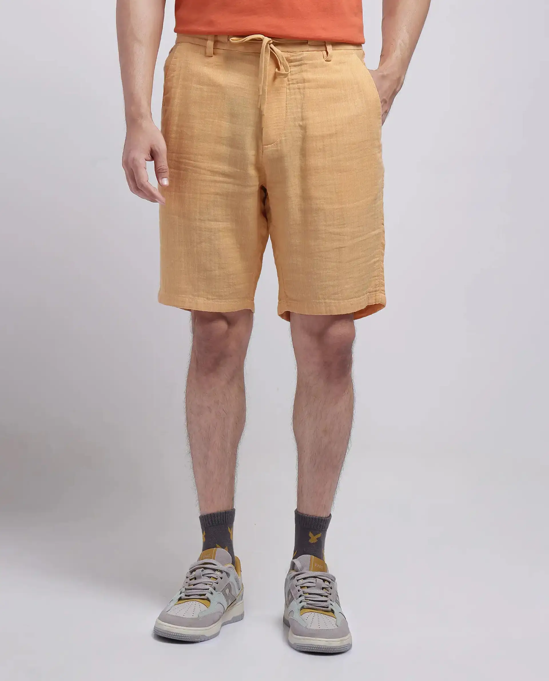 Rare Rabbit Men's Pinto-25 Yellow Cotton Plain Regular Fit Shorts - Image 10