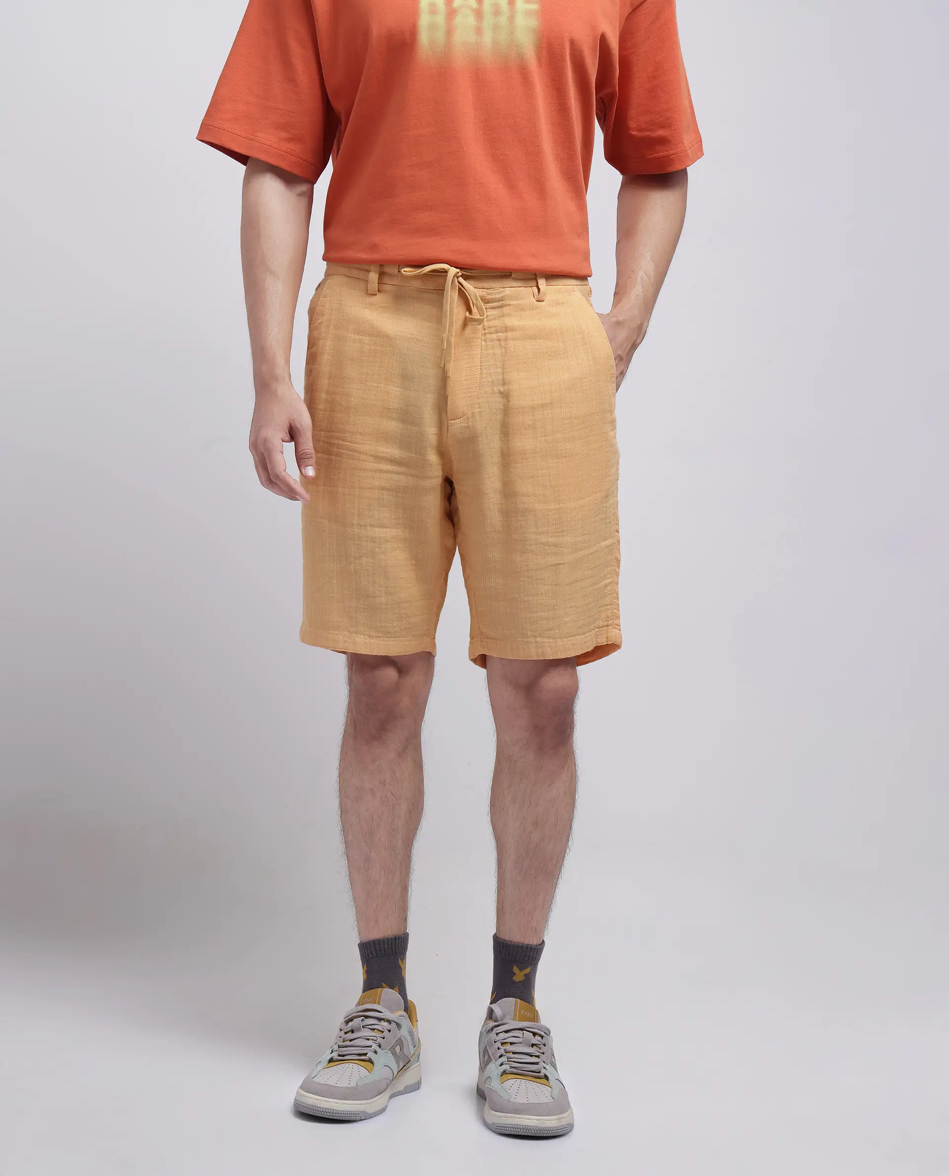 Rare Rabbit Men's Pinto-25 Yellow Cotton Plain Regular Fit Shorts - Image 5