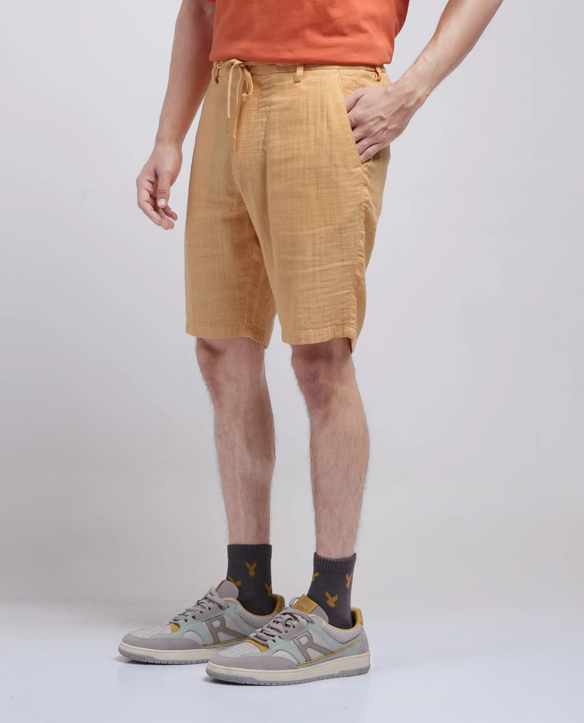 Rare Rabbit Men's Pinto-25 Yellow Cotton Plain Regular Fit Shorts - Image 6