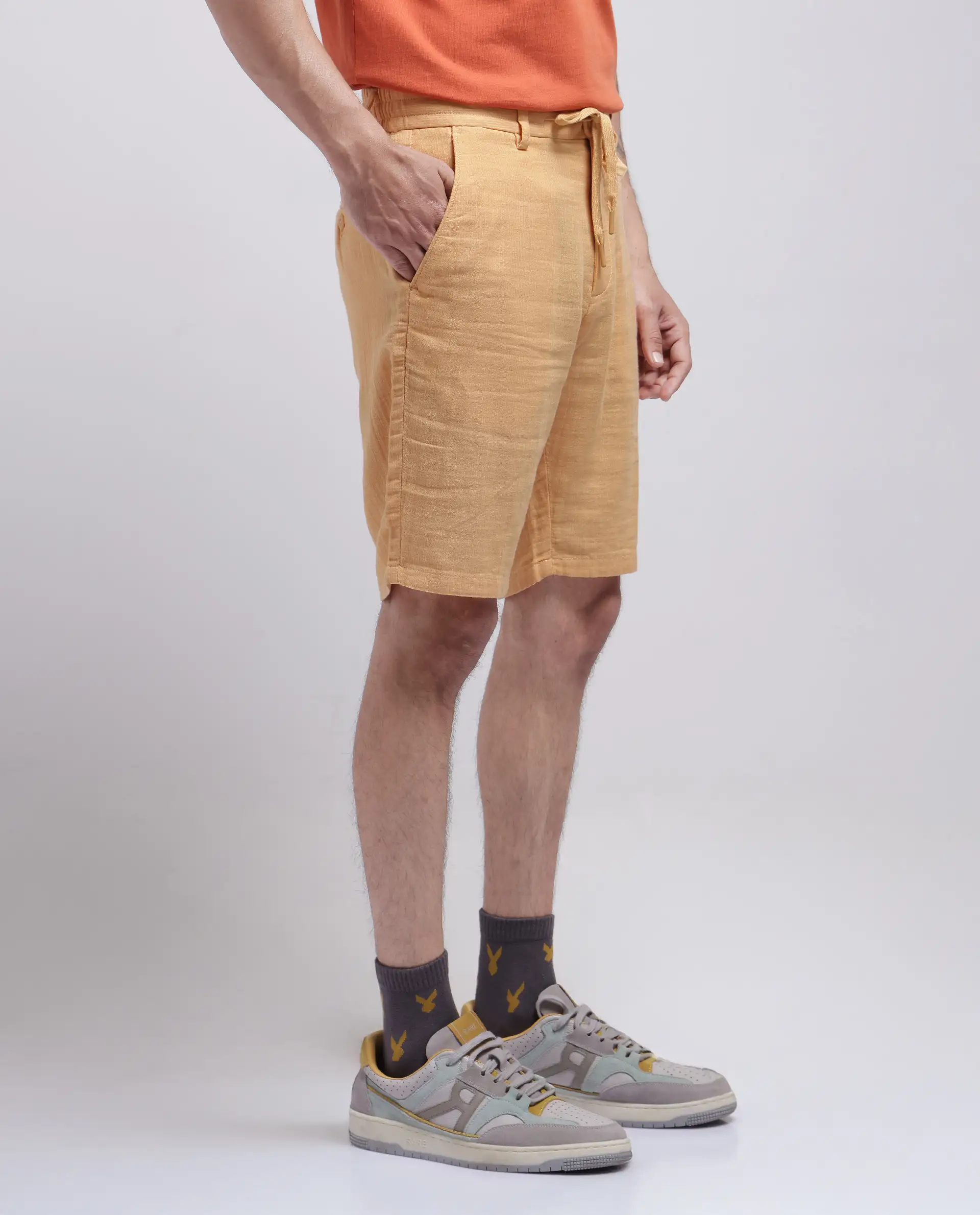 Rare Rabbit Men's Pinto-25 Yellow Cotton Plain Regular Fit Shorts - Image 8