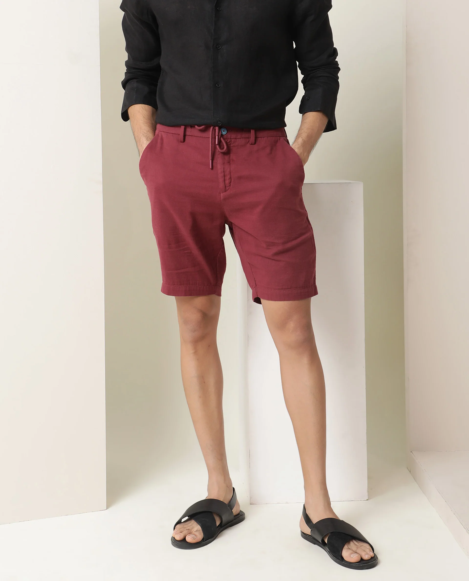 Rare Rabbit Men's Pinto Dark Red Cotton Plain Relaxed Fit Shorts