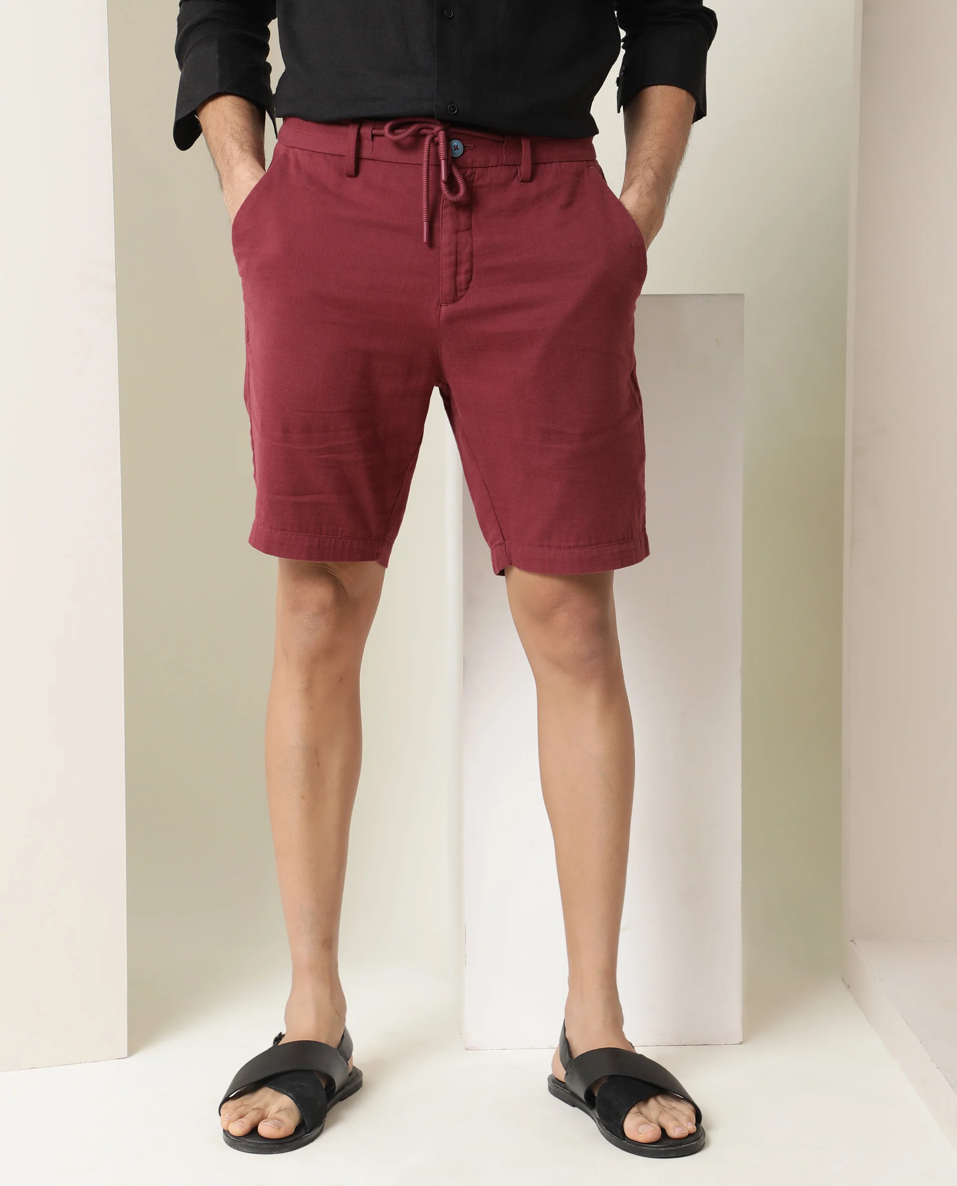 Rare Rabbit Men's Pinto Dark Red Cotton Plain Relaxed Fit Shorts - Image 2