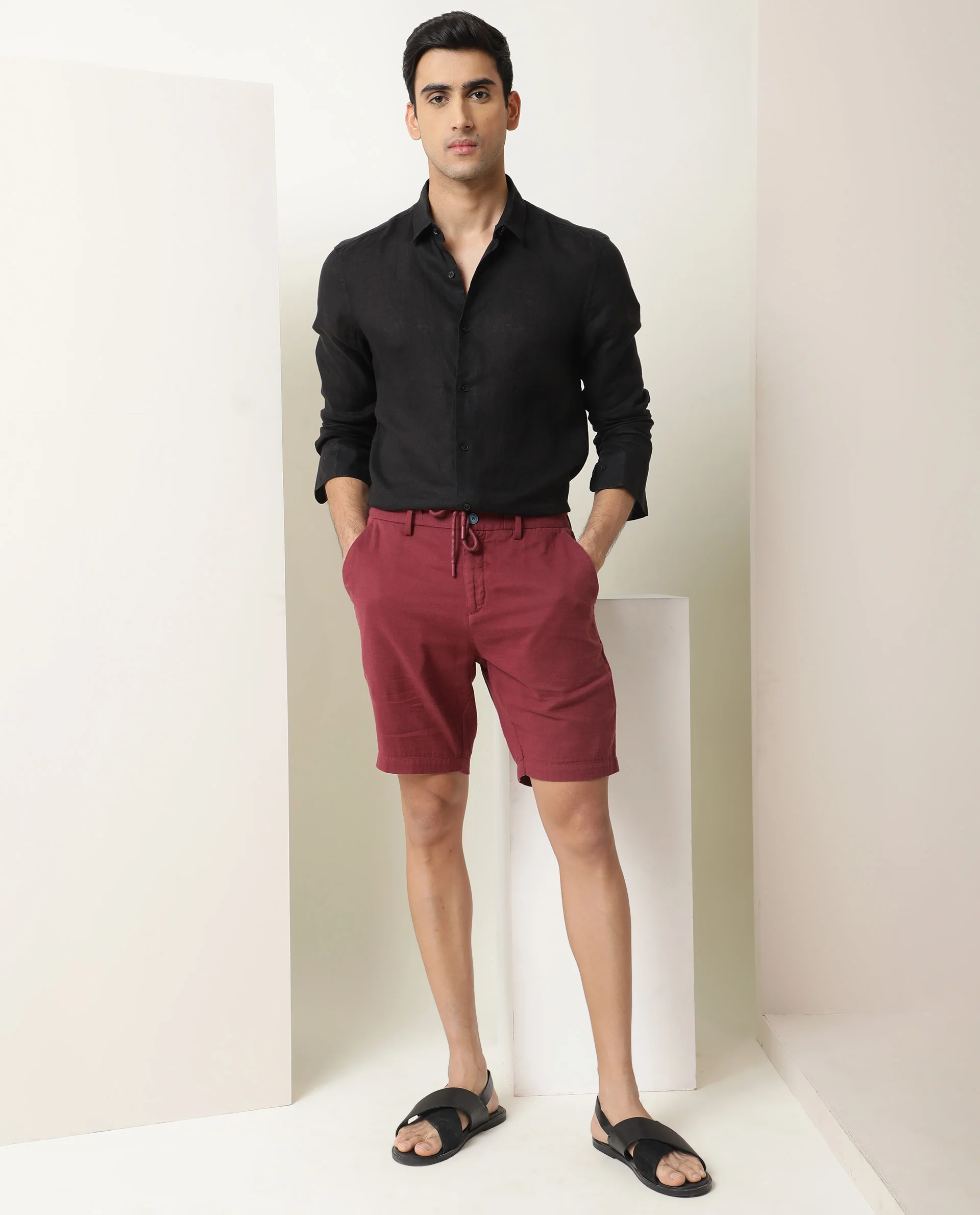Rare Rabbit Men's Pinto Dark Red Cotton Plain Relaxed Fit Shorts - Image 3
