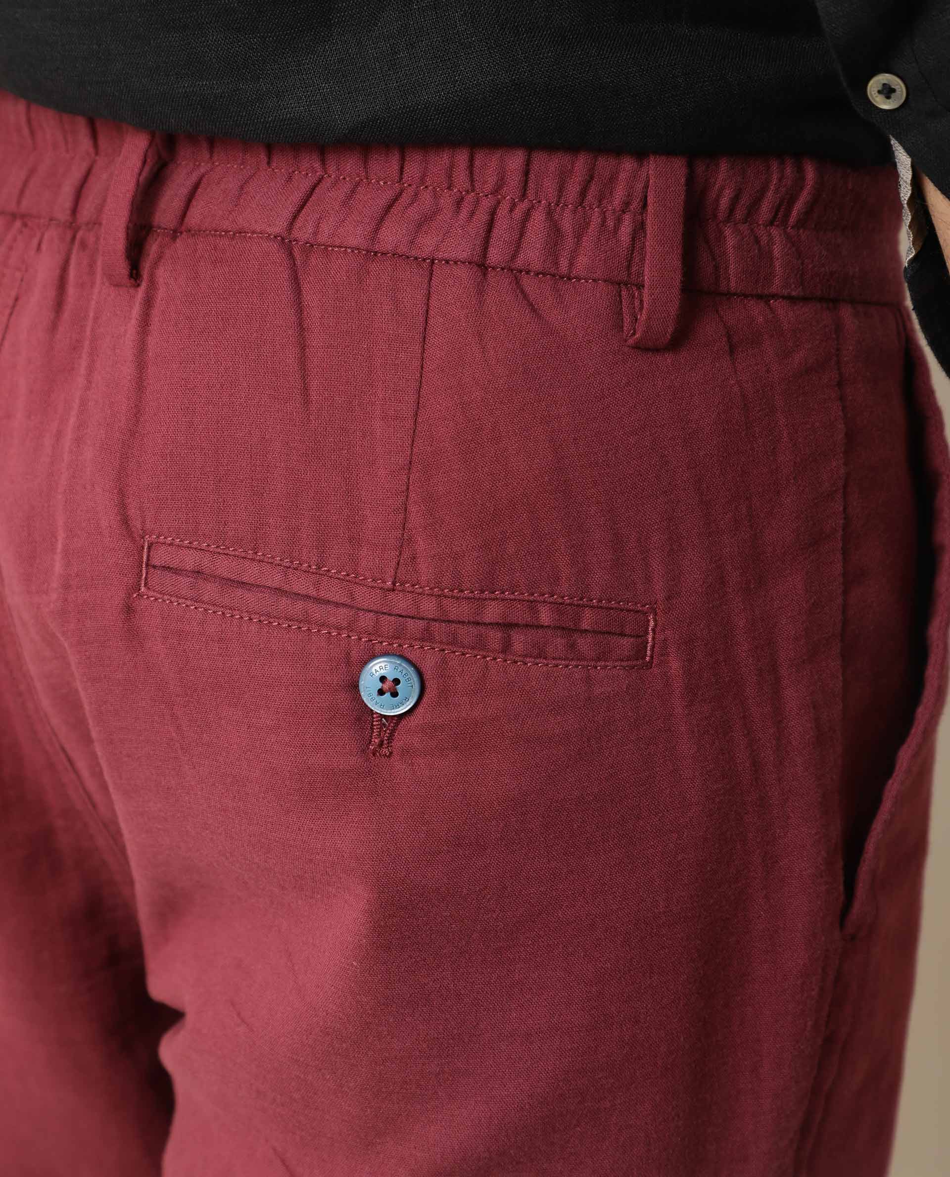 Rare Rabbit Men's Pinto Dark Red Cotton Plain Relaxed Fit Shorts - Image 4