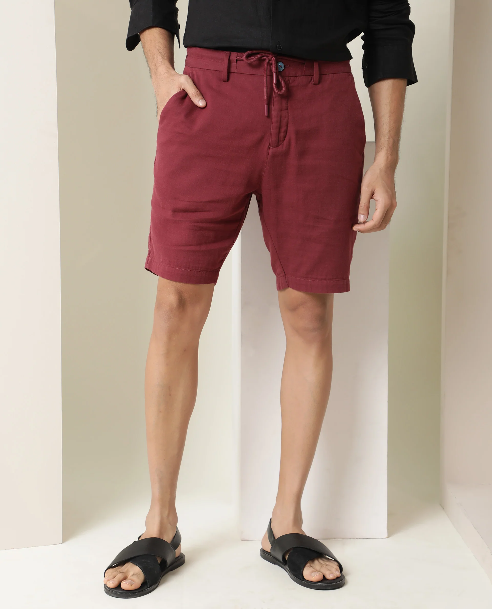 Rare Rabbit Men's Pinto Dark Red Cotton Plain Relaxed Fit Shorts - Image 5