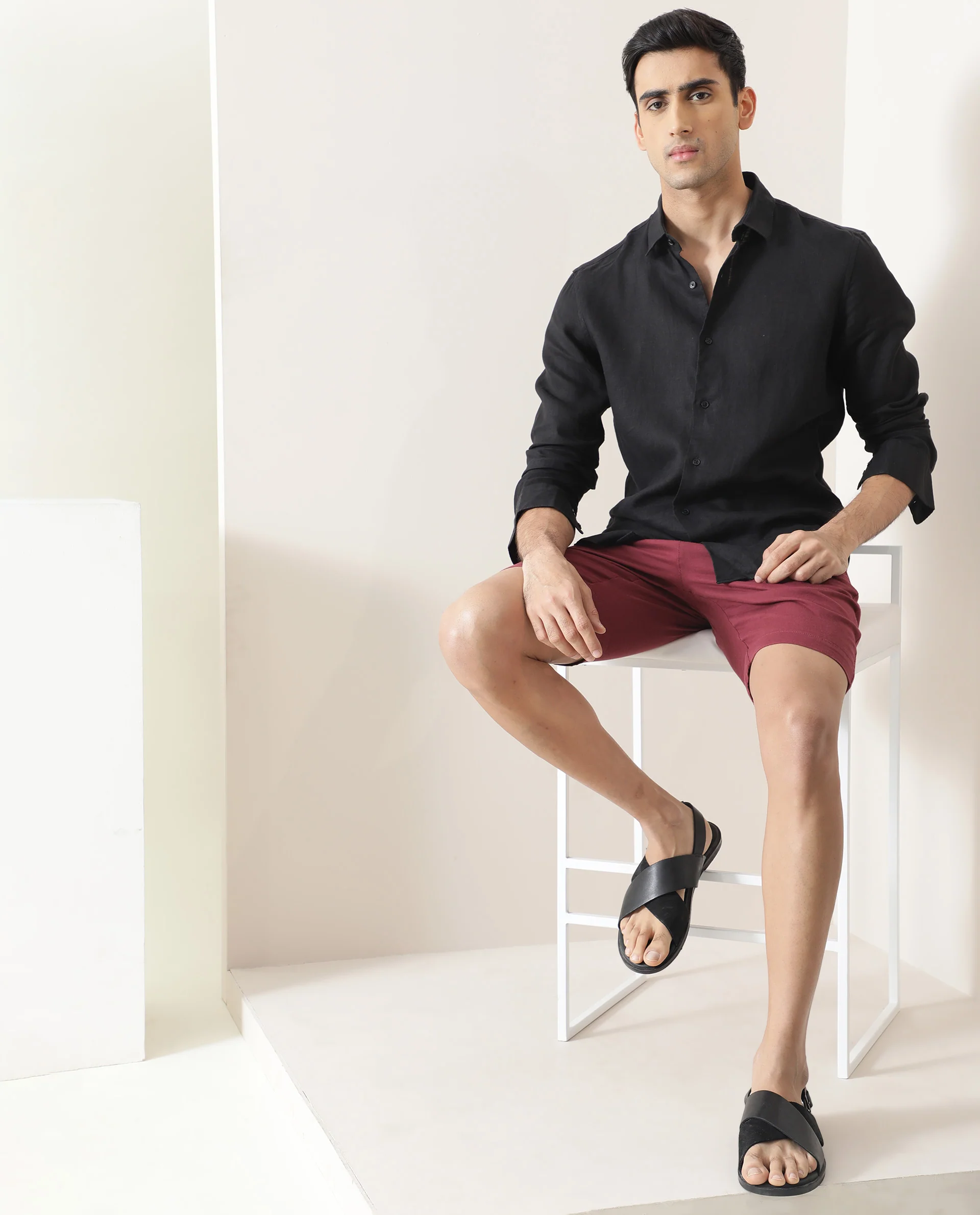 Rare Rabbit Men's Pinto Dark Red Cotton Plain Relaxed Fit Shorts - Image 9