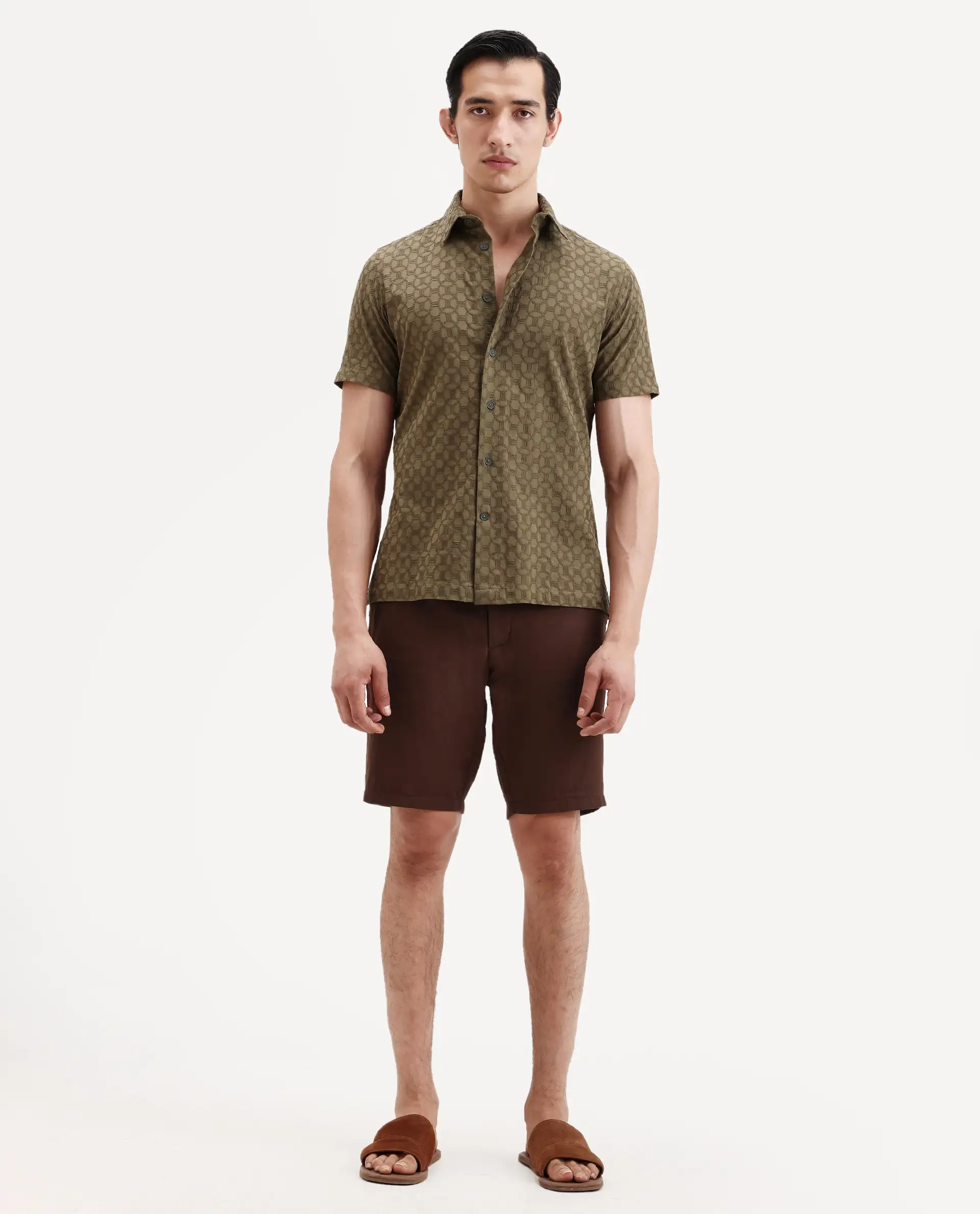 Rare Rabbit Men's Pinto-Ss26 Dark Brown Cotton Fabric Drawstring Relaxed Fit Plain Shorts - Image 2