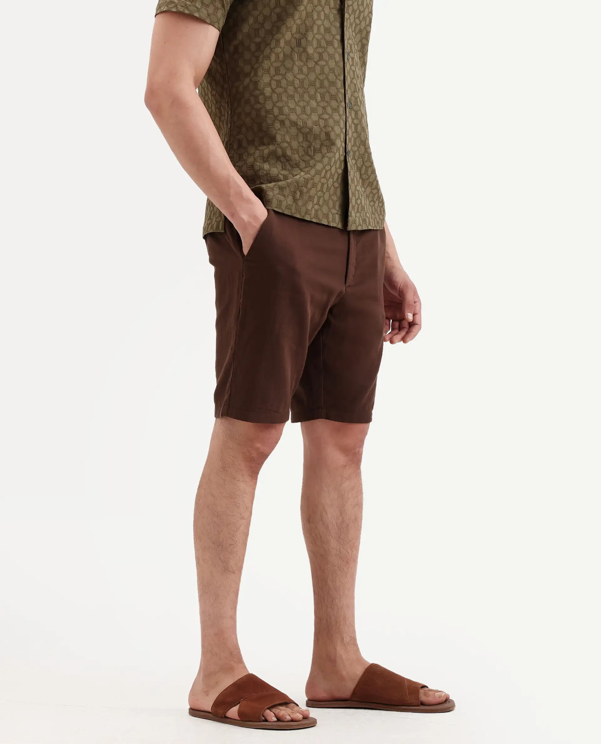 Rare Rabbit Men's Pinto-Ss26 Dark Brown Cotton Fabric Drawstring Relaxed Fit Plain Shorts - Image 3