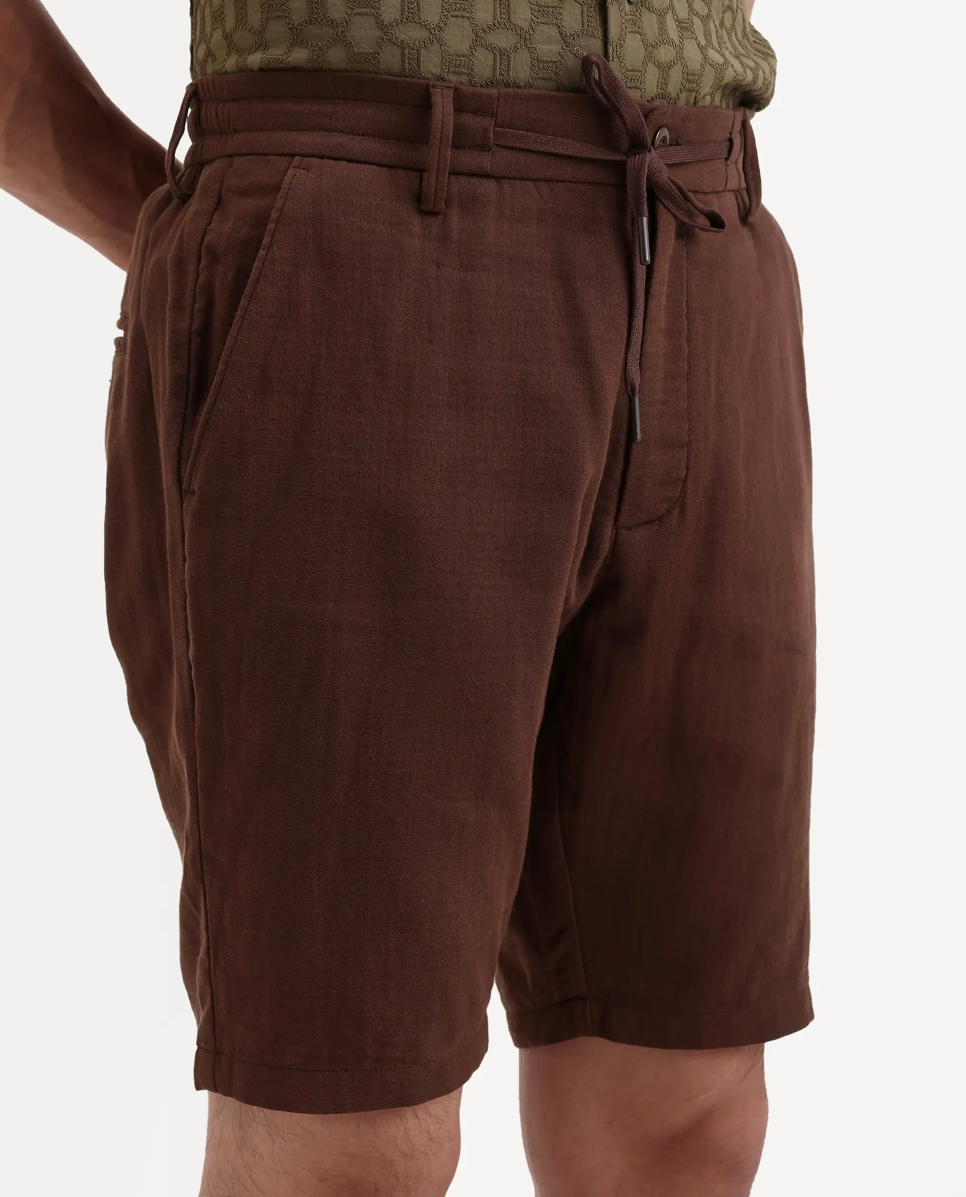 Rare Rabbit Men's Pinto-Ss26 Dark Brown Cotton Fabric Drawstring Relaxed Fit Plain Shorts - Image 4