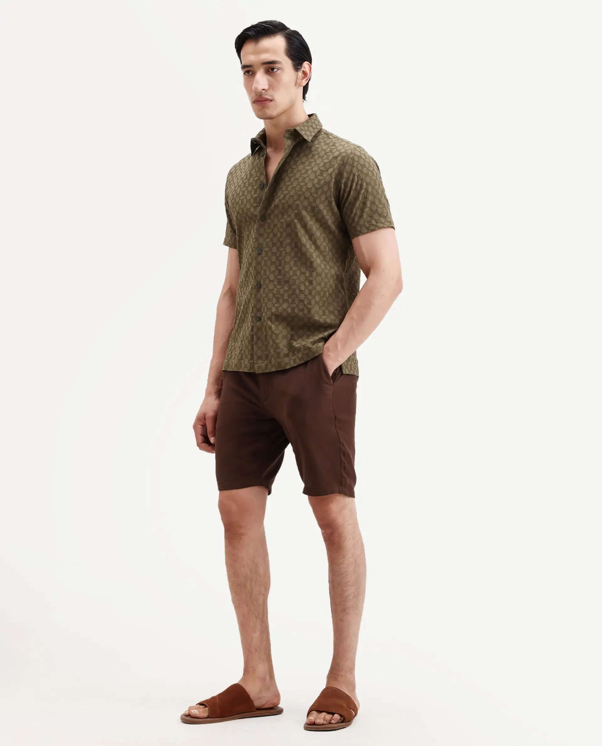 Rare Rabbit Men's Pinto-Ss26 Dark Brown Cotton Fabric Drawstring Relaxed Fit Plain Shorts - Image 6