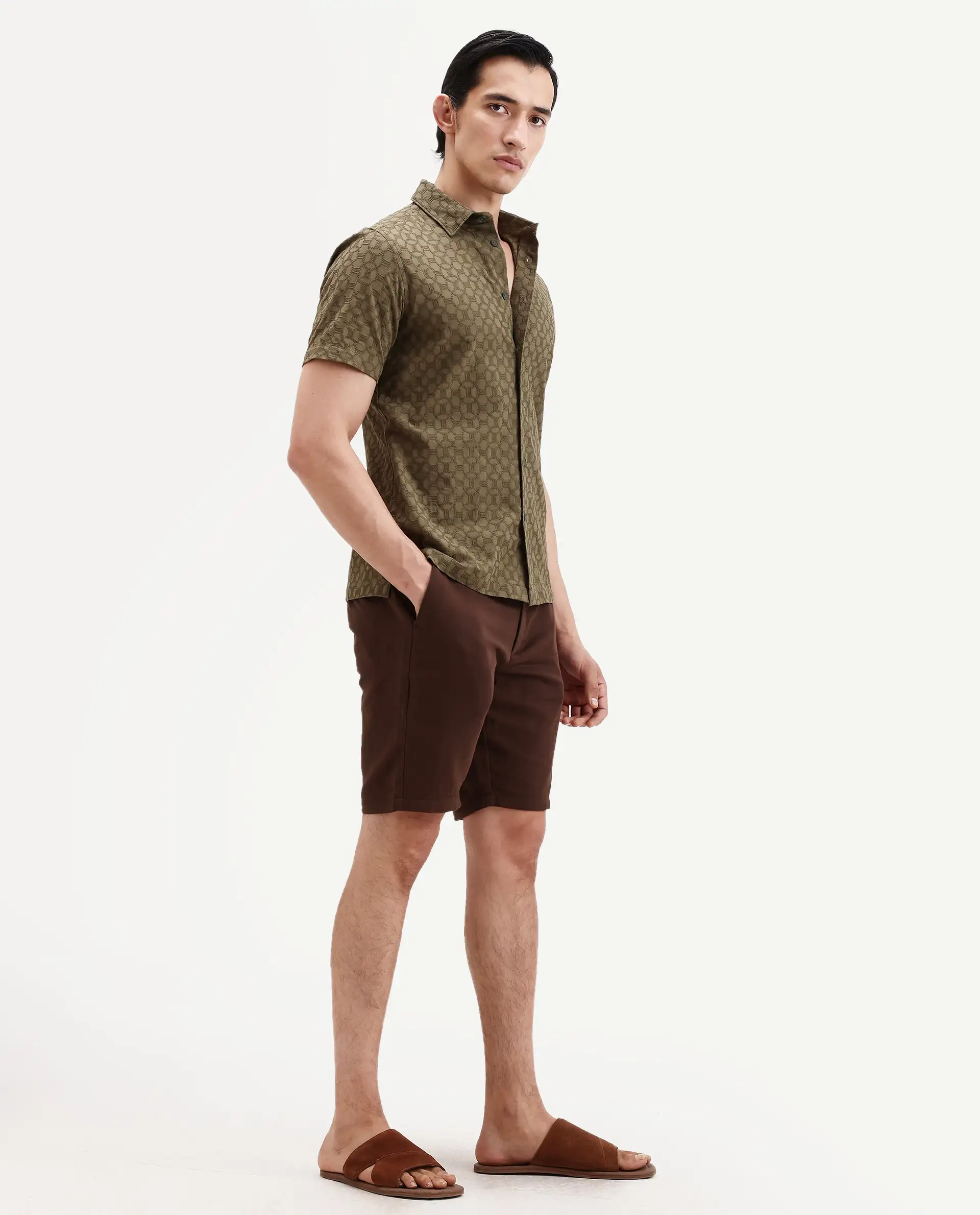 Rare Rabbit Men's Pinto-Ss26 Dark Brown Cotton Fabric Drawstring Relaxed Fit Plain Shorts - Image 7