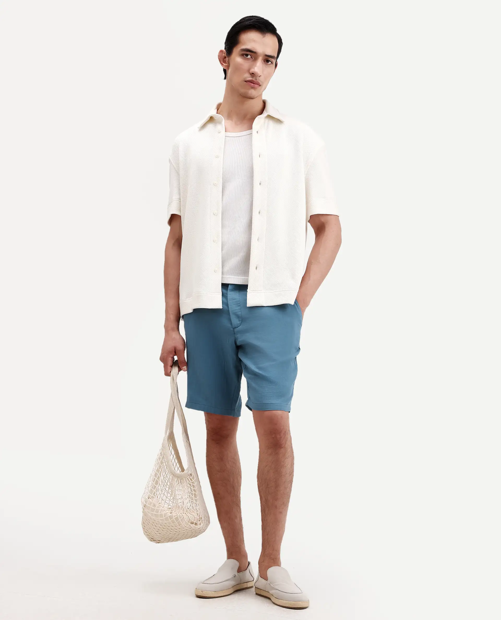Rare Rabbit Men's Pinto-Ss26 Dusky Blue Cotton Fabric Drawstring Relaxed Fit Plain Shorts