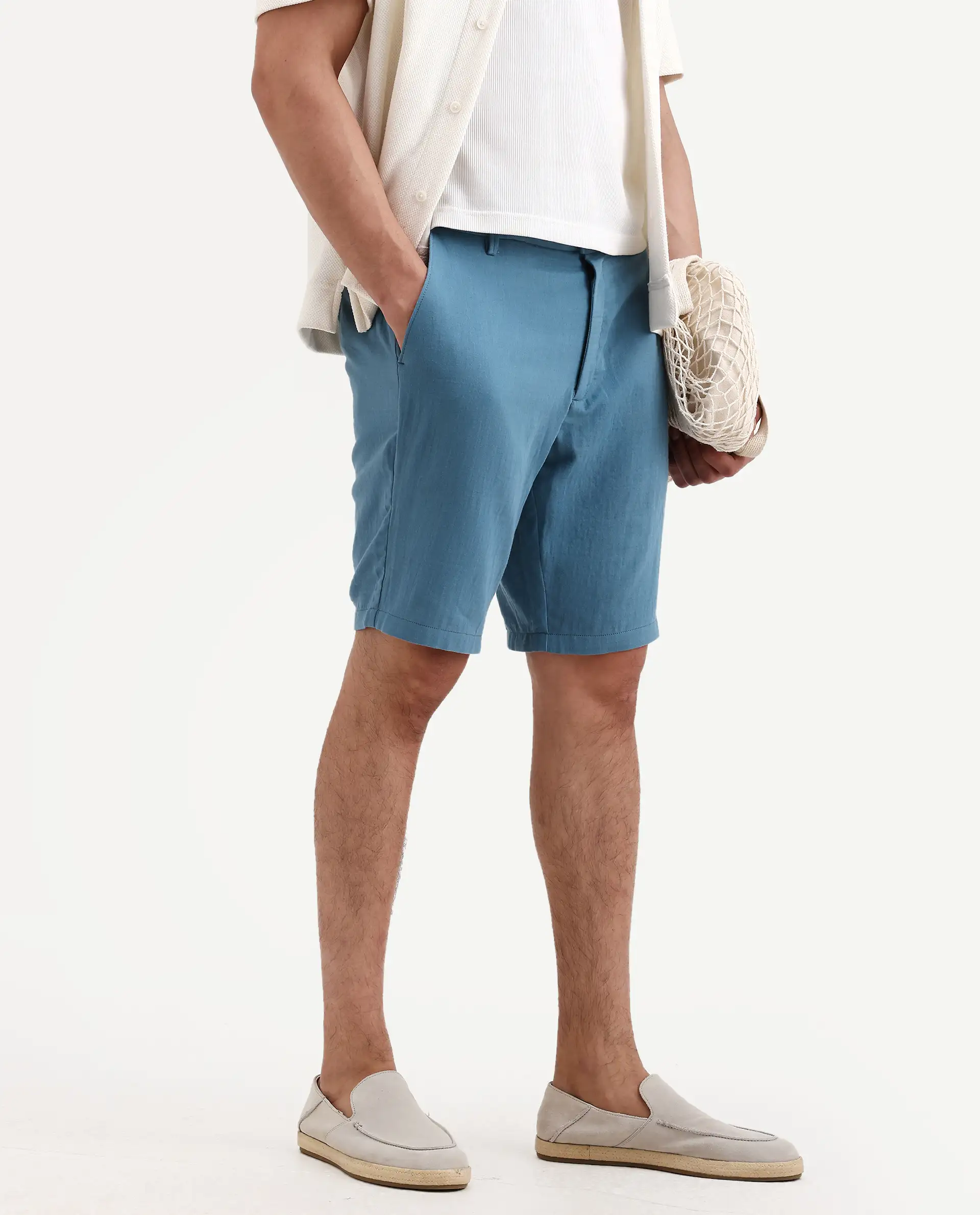 Rare Rabbit Men's Pinto-Ss26 Dusky Blue Cotton Fabric Drawstring Relaxed Fit Plain Shorts - Image 3
