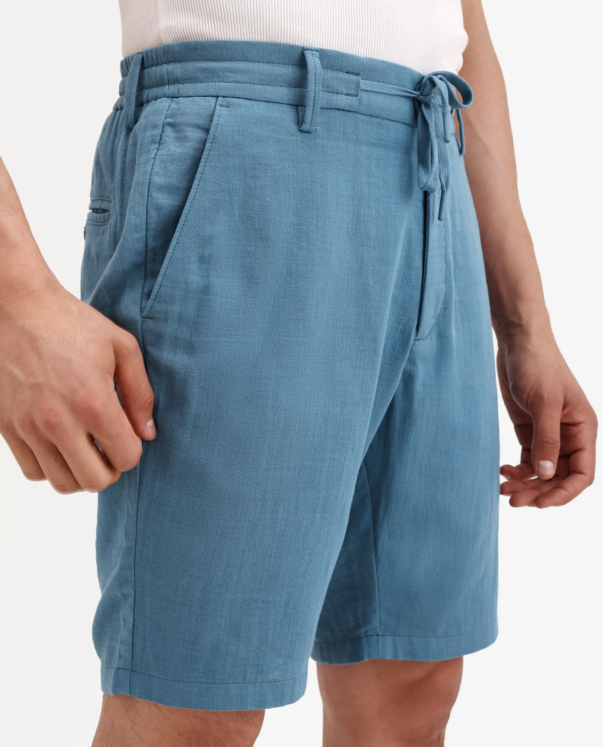Rare Rabbit Men's Pinto-Ss26 Dusky Blue Cotton Fabric Drawstring Relaxed Fit Plain Shorts - Image 4