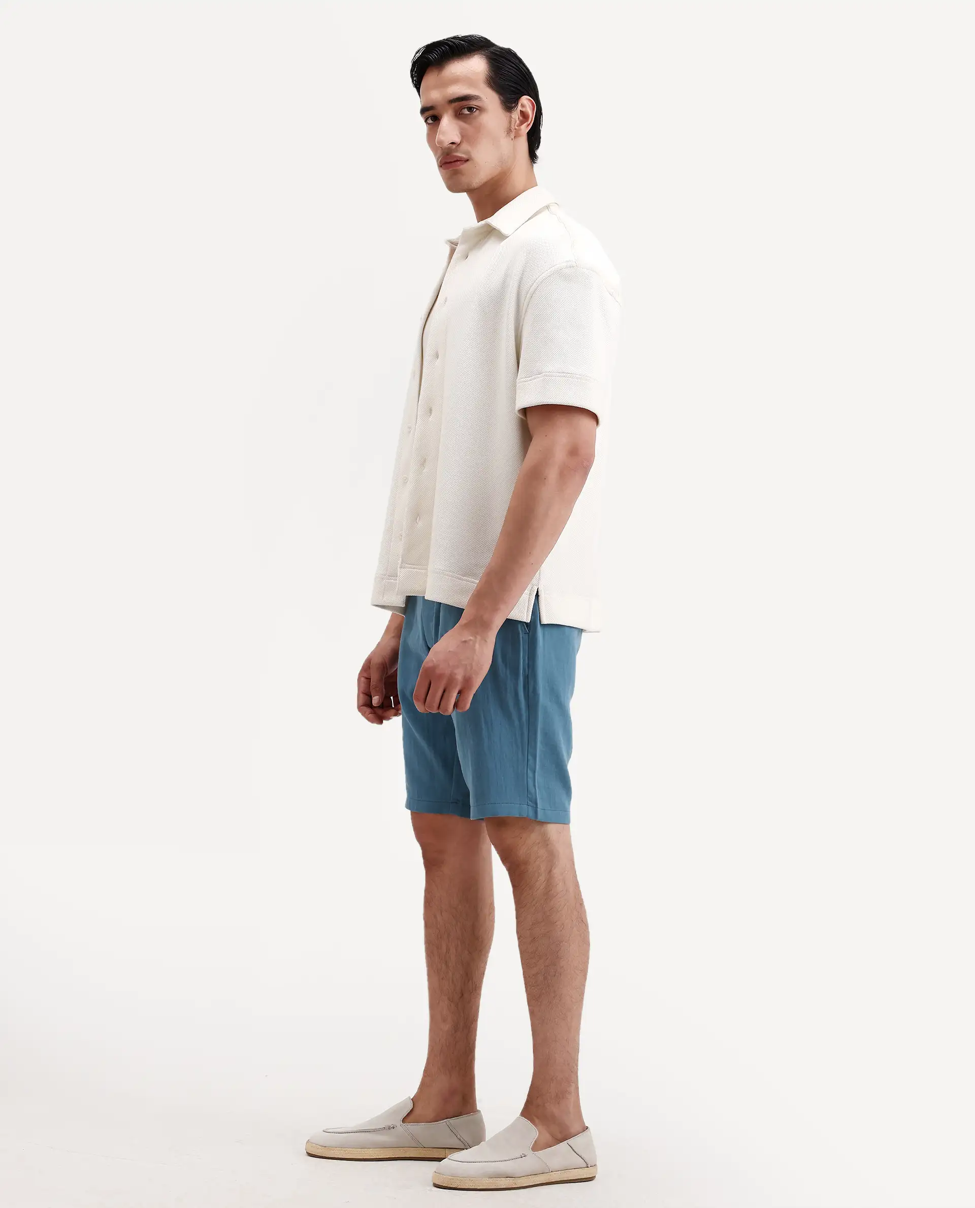 Rare Rabbit Men's Pinto-Ss26 Dusky Blue Cotton Fabric Drawstring Relaxed Fit Plain Shorts - Image 6