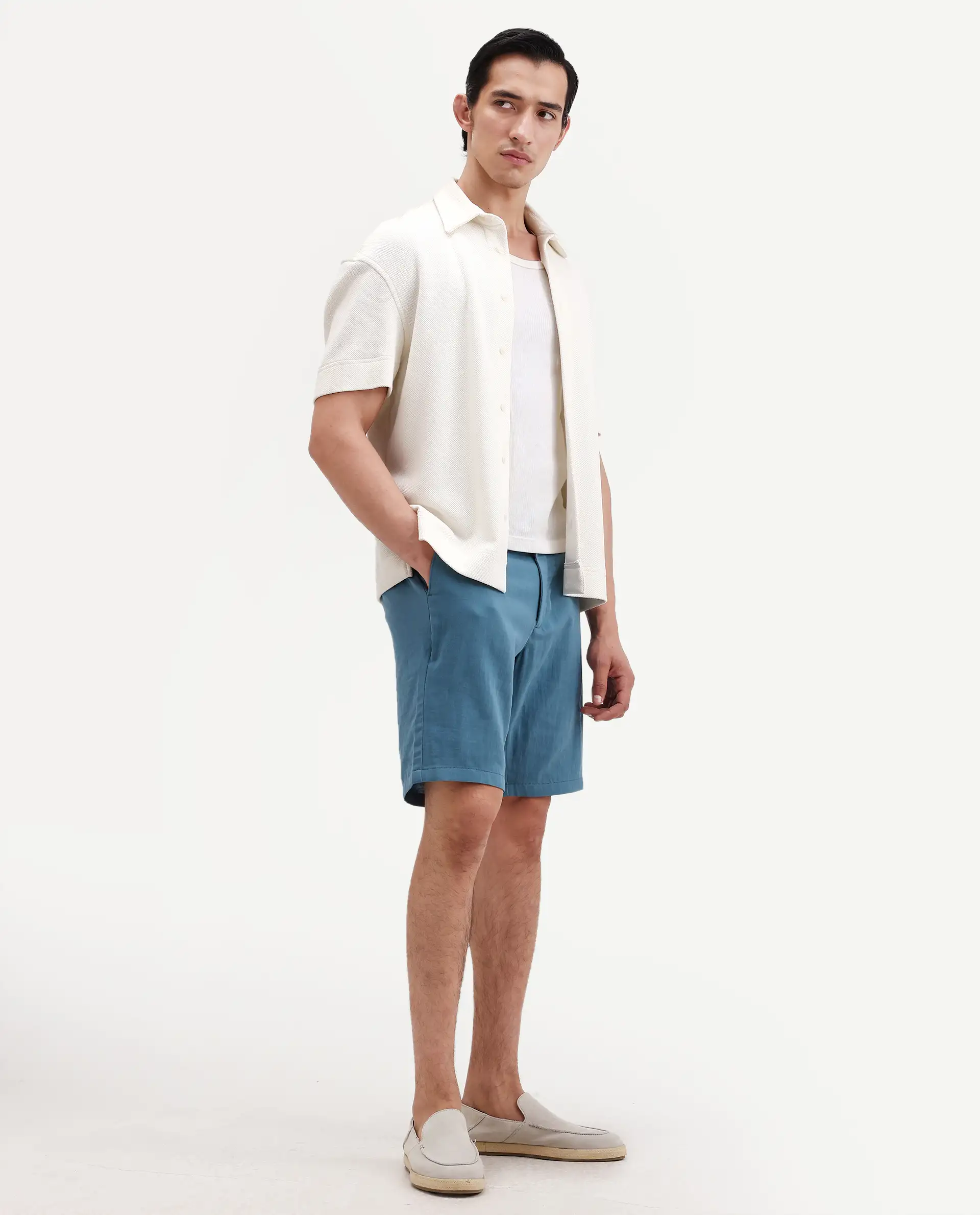 Rare Rabbit Men's Pinto-Ss26 Dusky Blue Cotton Fabric Drawstring Relaxed Fit Plain Shorts - Image 7