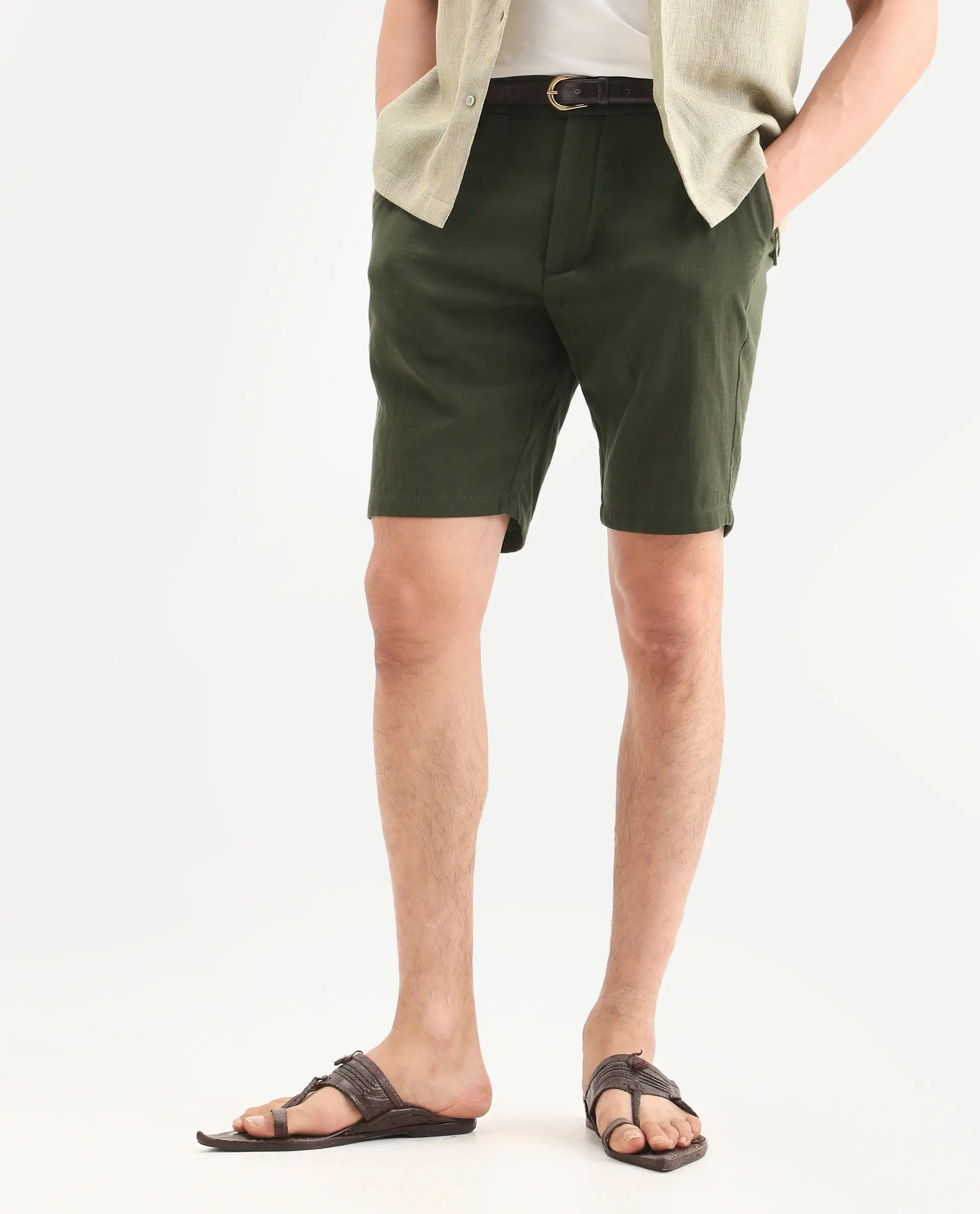 Rare Rabbit Men's Pinto-Ss26 Light Olive Cotton Fabric Drawstring Relaxed Fit Plain Shorts - Image 2
