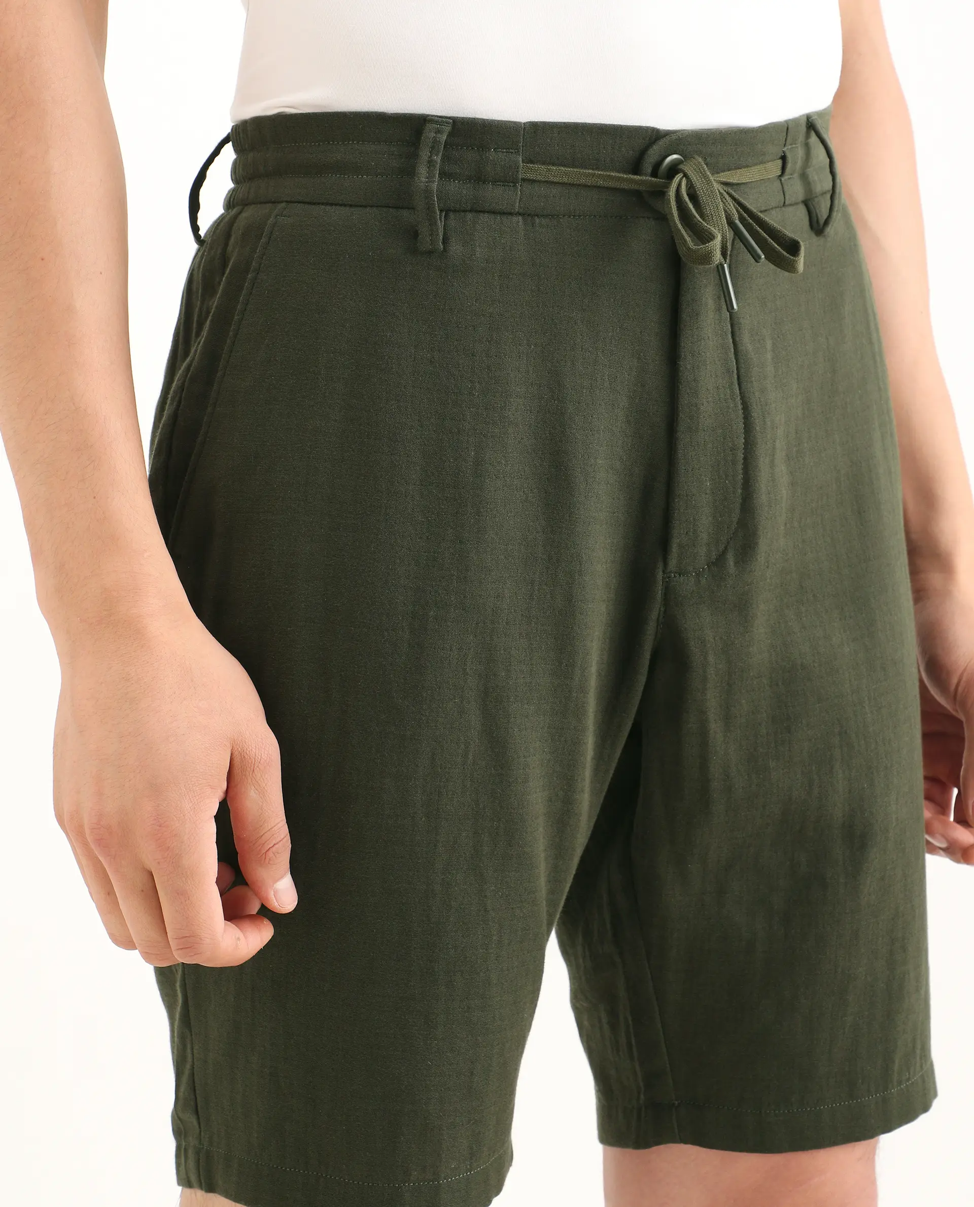 Rare Rabbit Men's Pinto-Ss26 Light Olive Cotton Fabric Drawstring Relaxed Fit Plain Shorts - Image 3