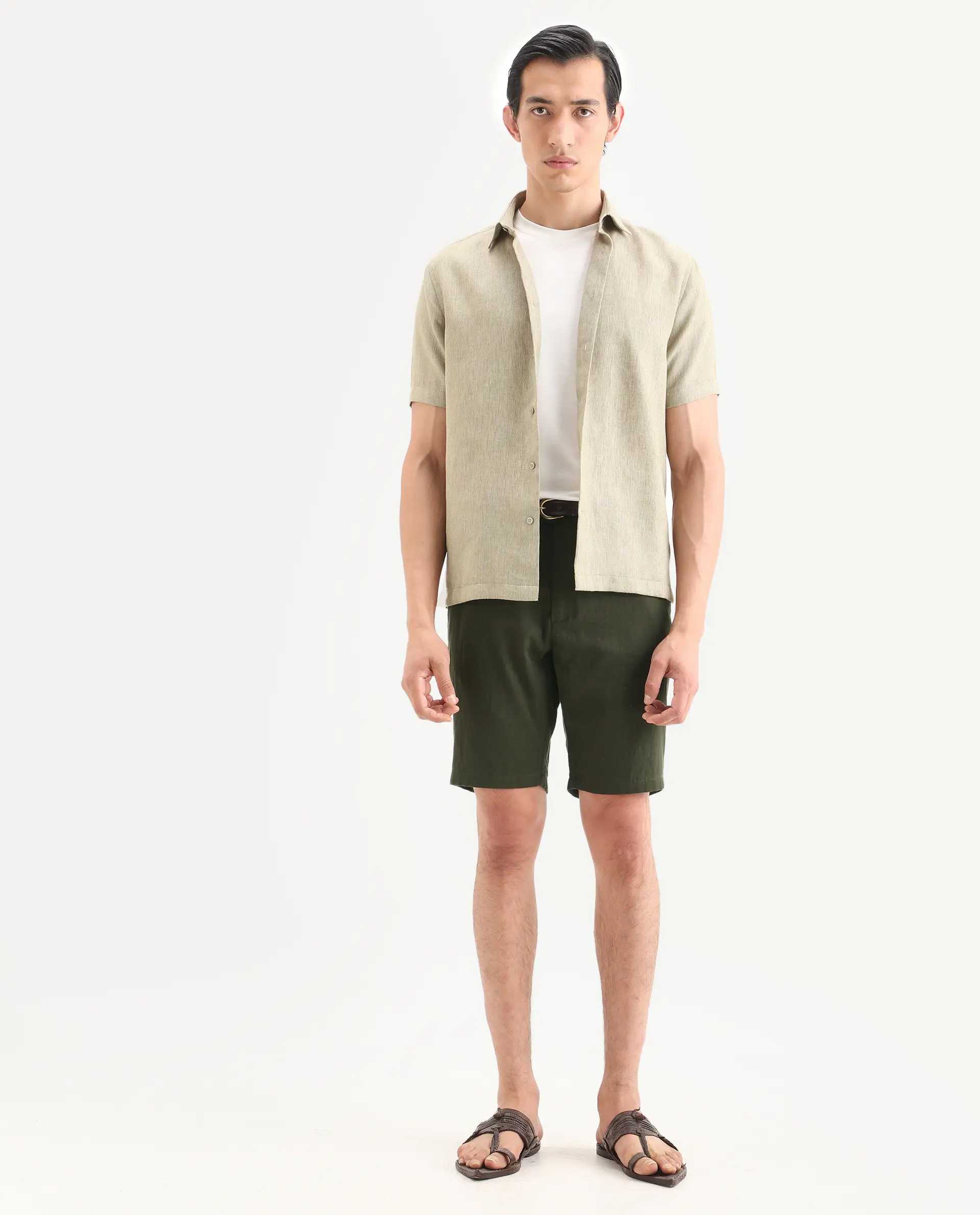 Rare Rabbit Men's Pinto-Ss26 Light Olive Cotton Fabric Drawstring Relaxed Fit Plain Shorts - Image 4