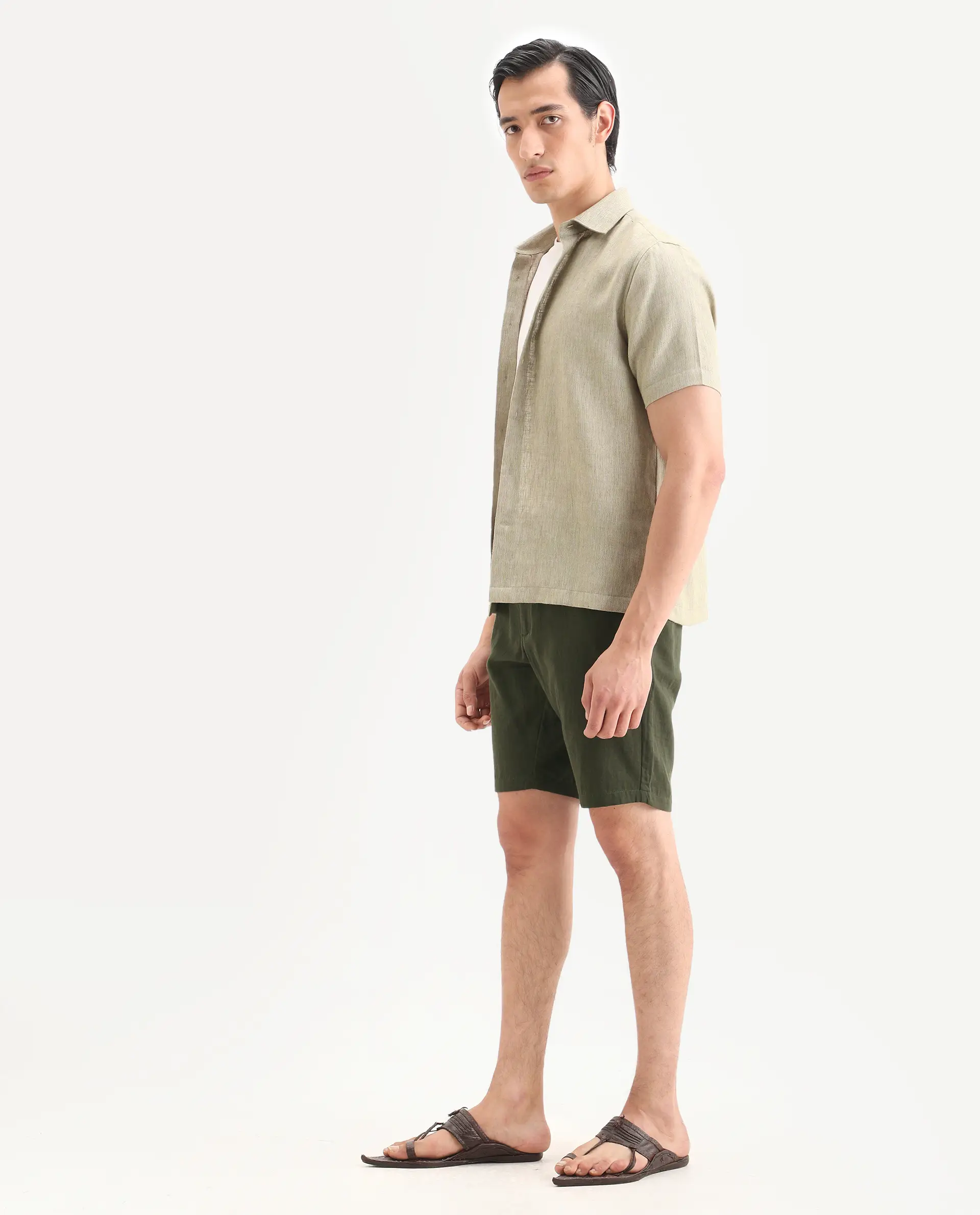Rare Rabbit Men's Pinto-Ss26 Light Olive Cotton Fabric Drawstring Relaxed Fit Plain Shorts - Image 5
