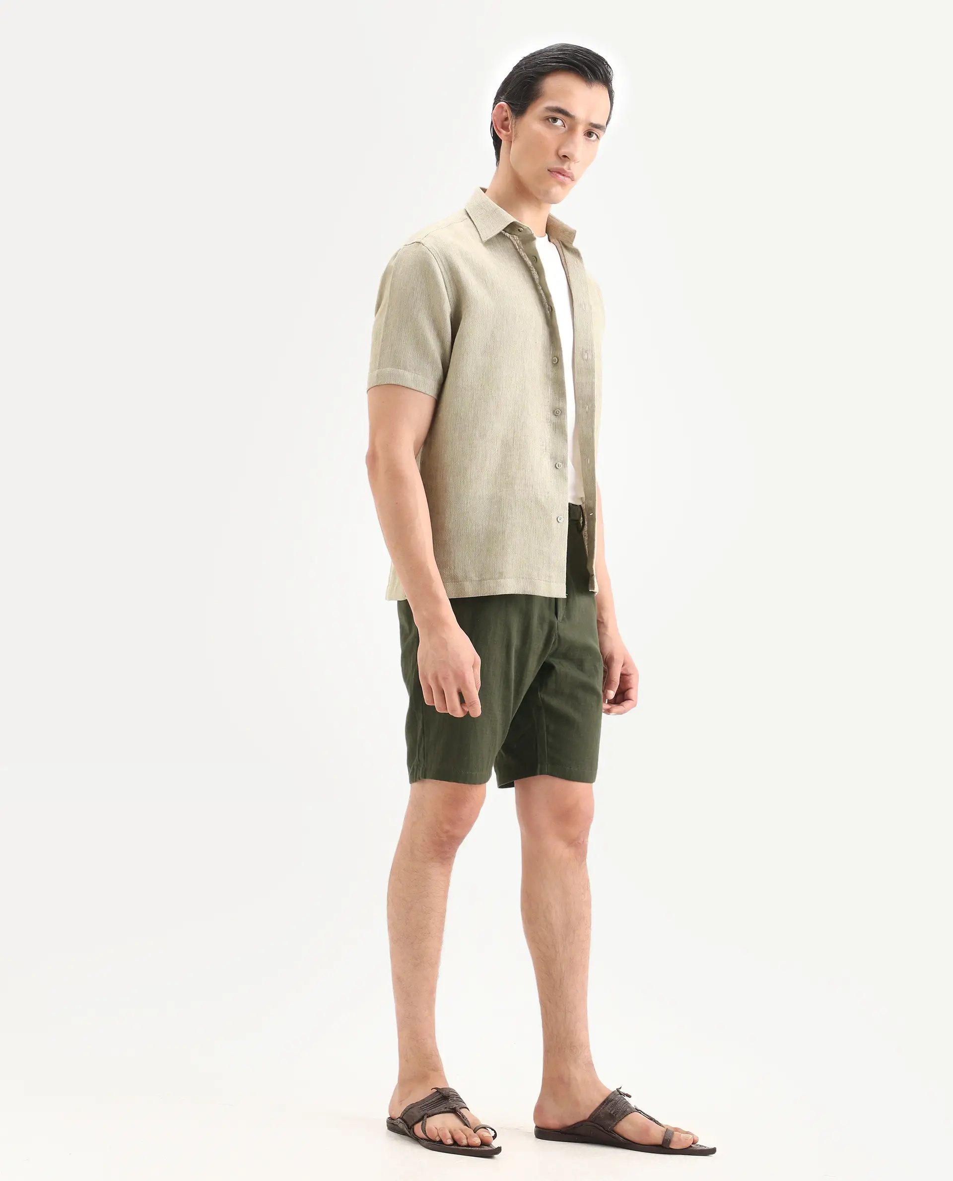 Rare Rabbit Men's Pinto-Ss26 Light Olive Cotton Fabric Drawstring Relaxed Fit Plain Shorts - Image 6