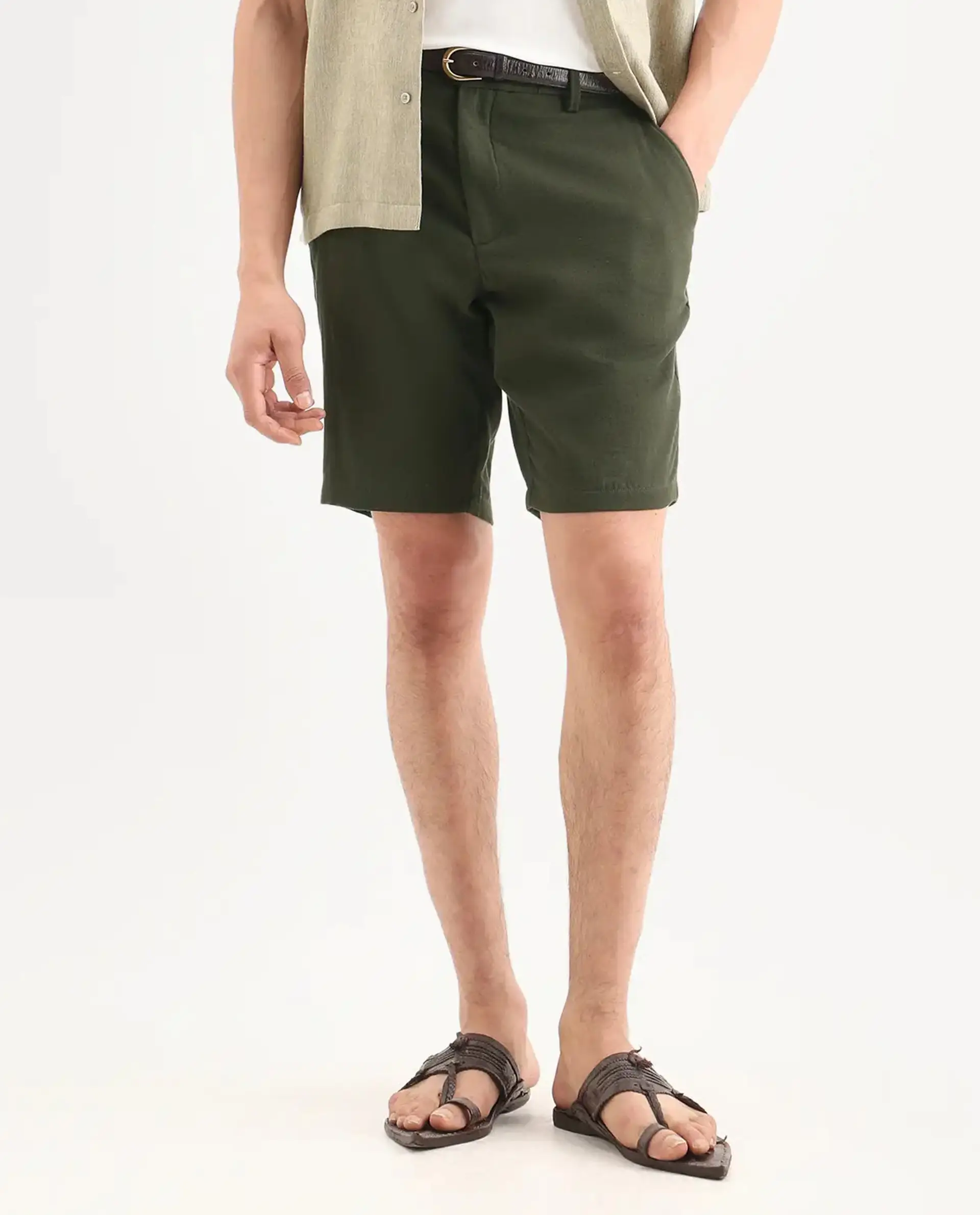 Rare Rabbit Men's Pinto-Ss26 Light Olive Cotton Fabric Drawstring Relaxed Fit Plain Shorts - Image 8