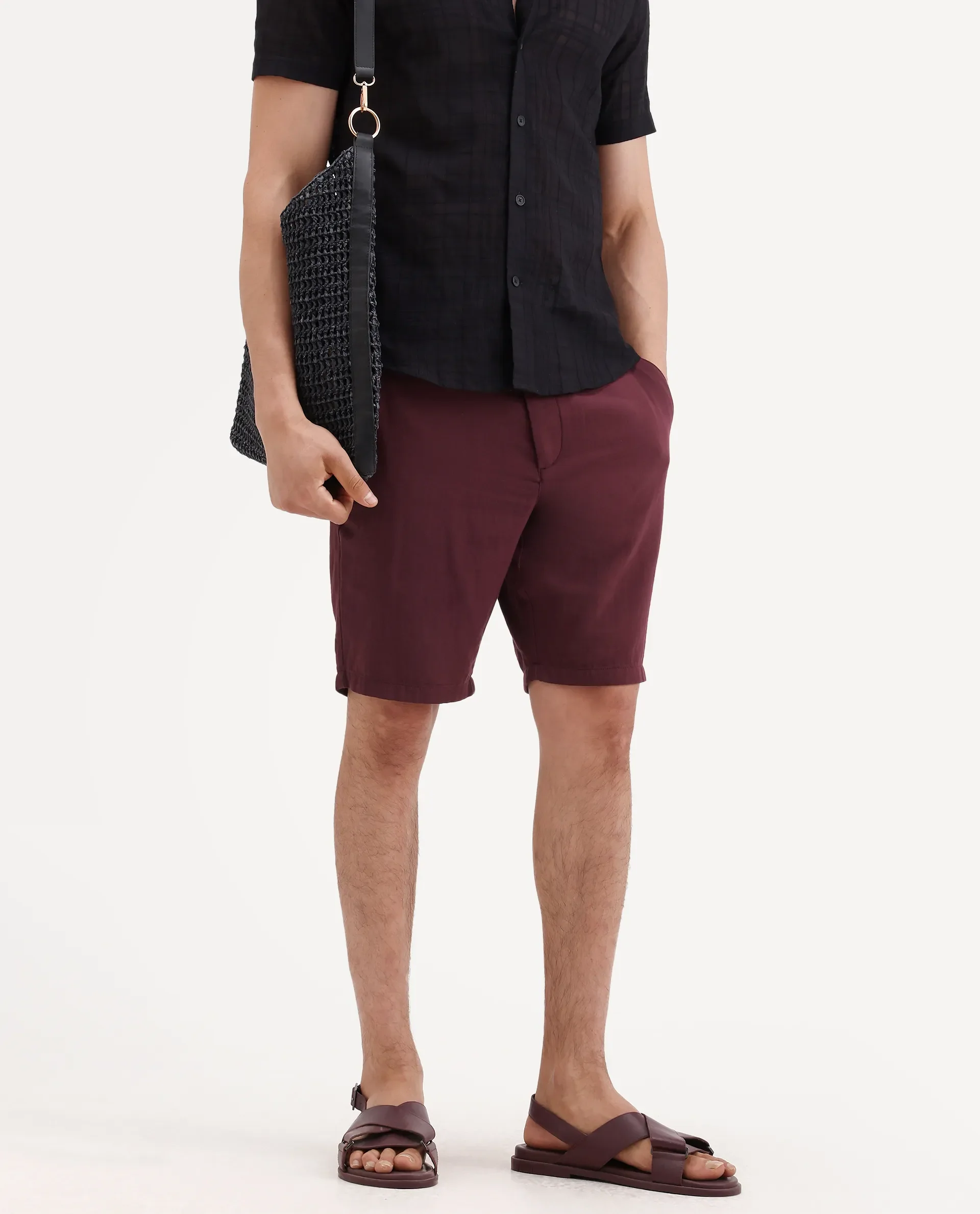 Rare Rabbit Men's Pinto-Ss26 Maroon Cotton Fabric Drawstring Relaxed Fit Plain Shorts - Image 2
