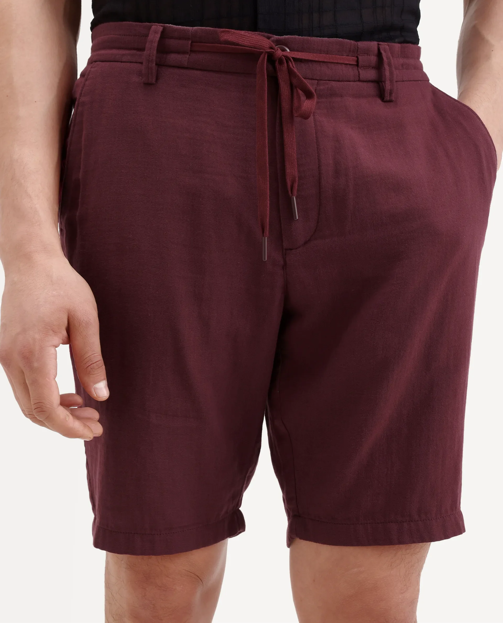 Rare Rabbit Men's Pinto-Ss26 Maroon Cotton Fabric Drawstring Relaxed Fit Plain Shorts - Image 3