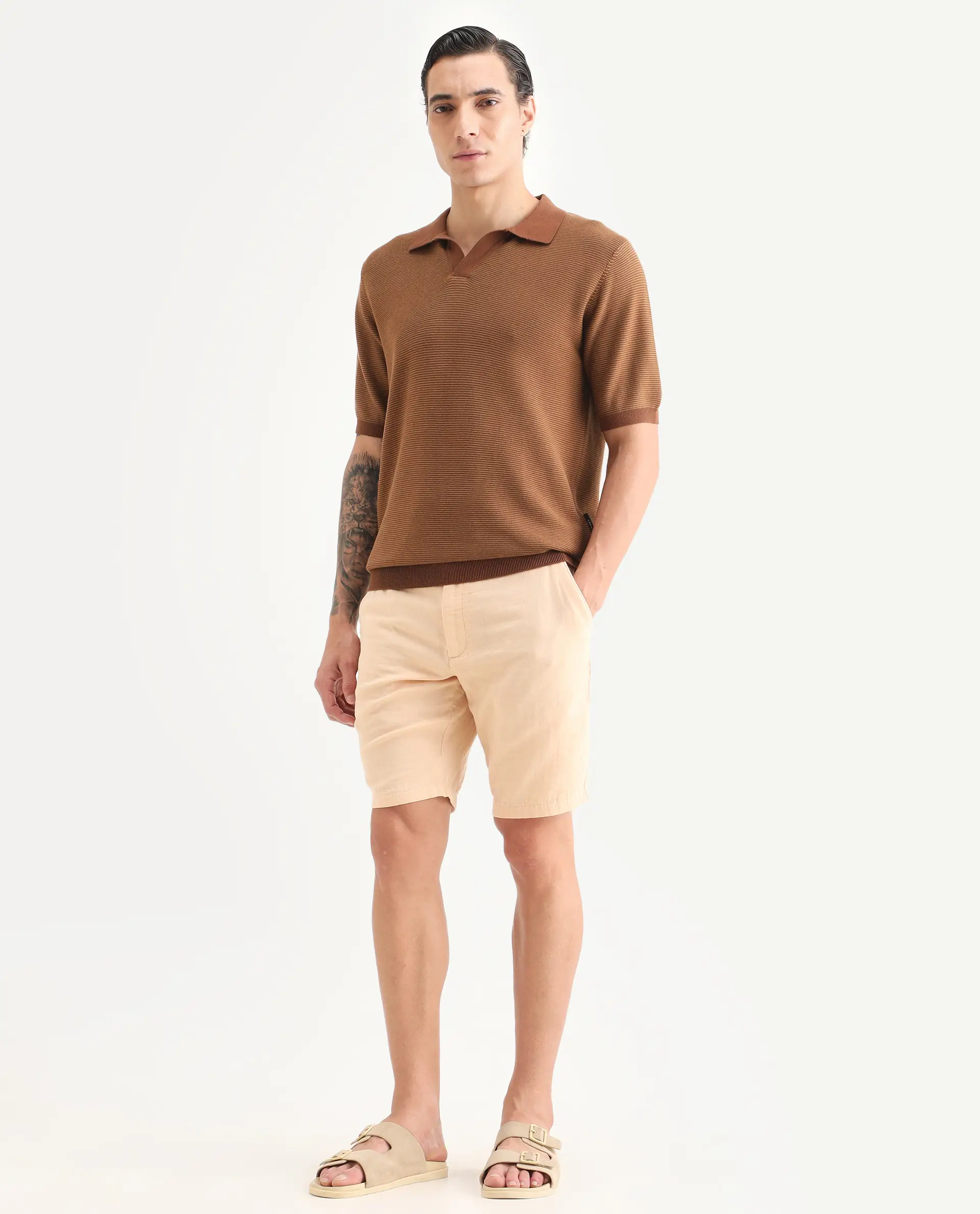 Rare Rabbit Men's Pinto-Ss26 Pastel Yellow Cotton Fabric Drawstring Relaxed Fit Plain Shorts - Image 5