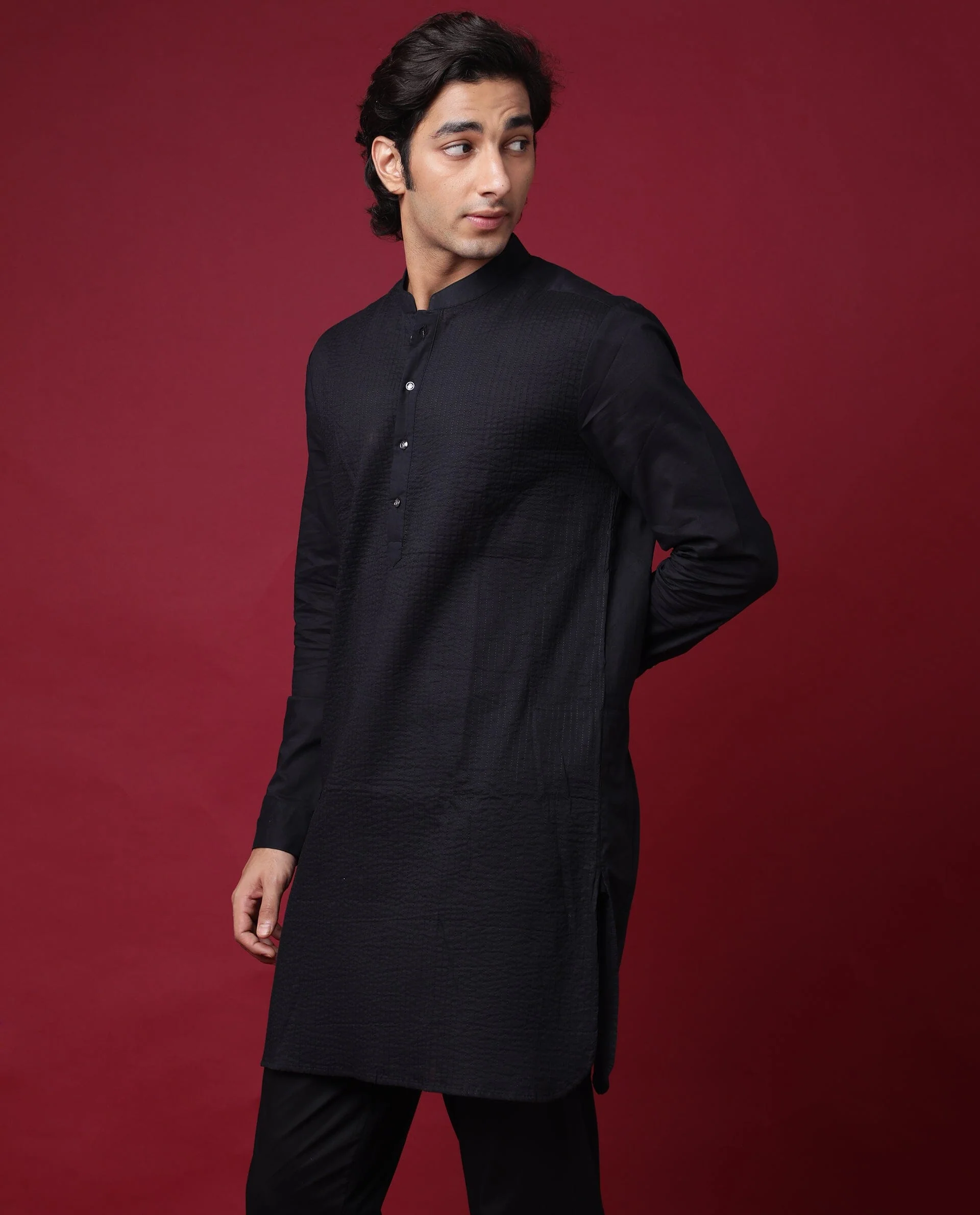 Rare Rabbit Men's Pintuck-1 Black Plain Regular Fit Full Sleeve Mandarin Collar Kurta
