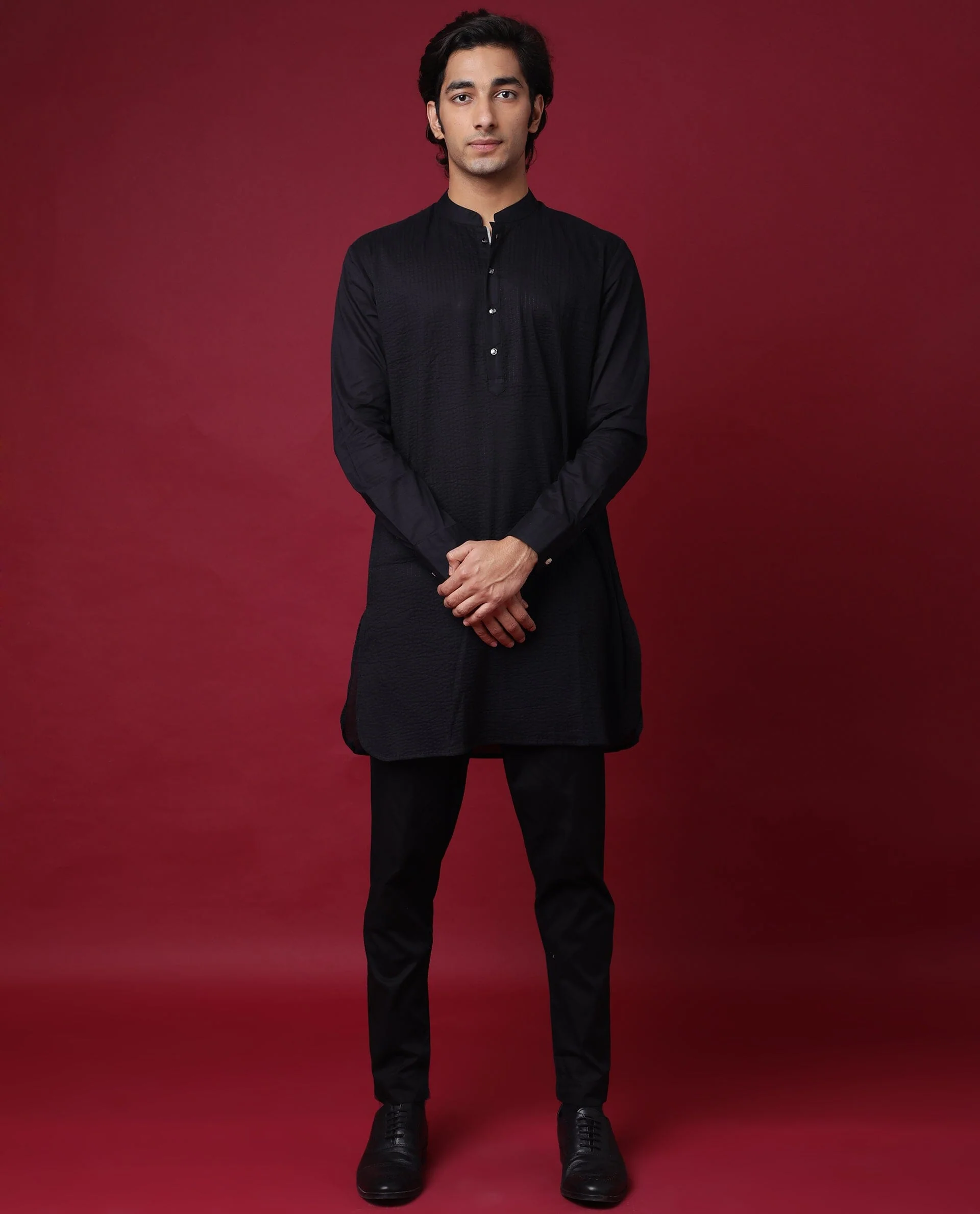 Rare Rabbit Men's Pintuck-1 Black Plain Regular Fit Full Sleeve Mandarin Collar Kurta - Image 2