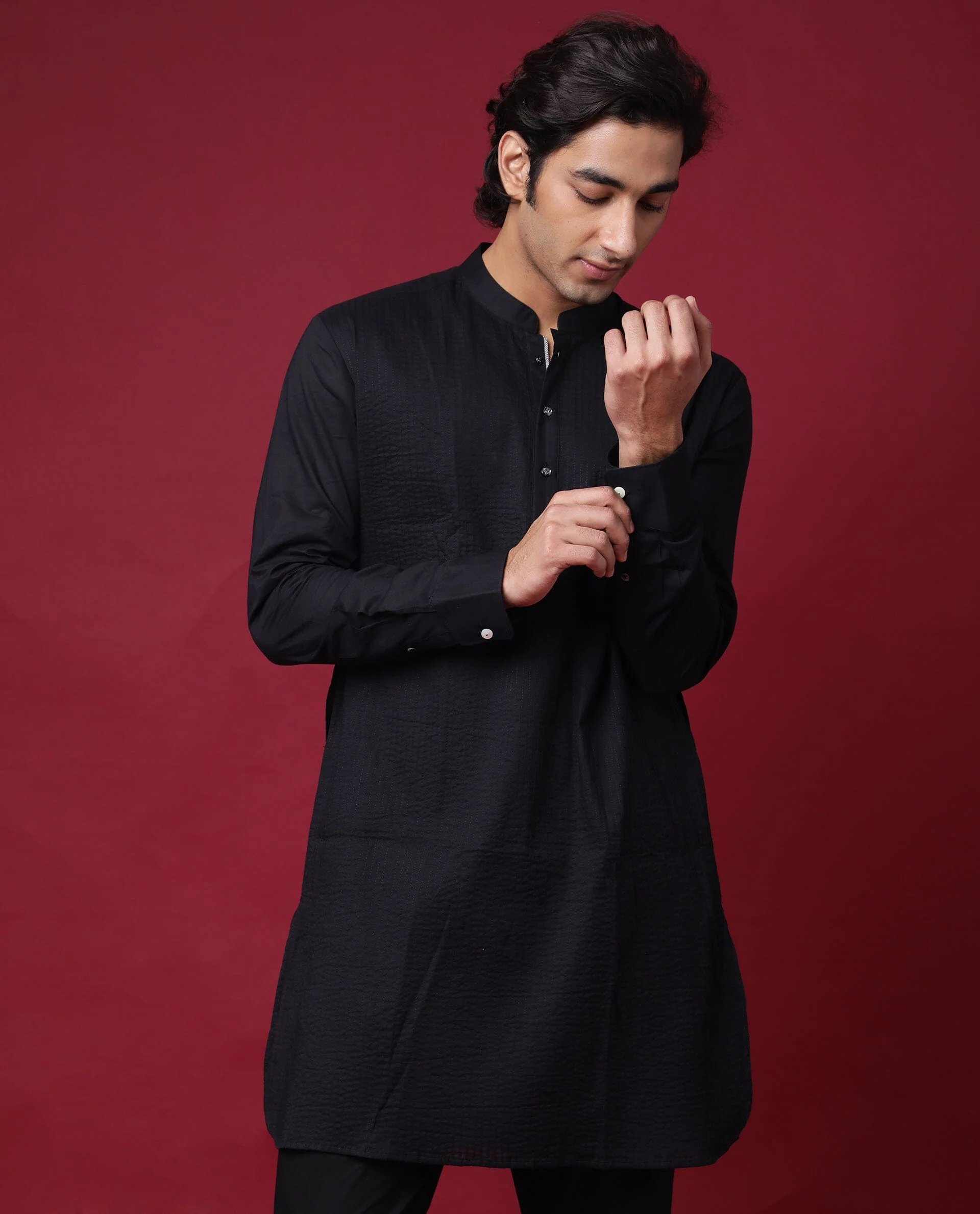 Rare Rabbit Men's Pintuck-1 Black Plain Regular Fit Full Sleeve Mandarin Collar Kurta - Image 3