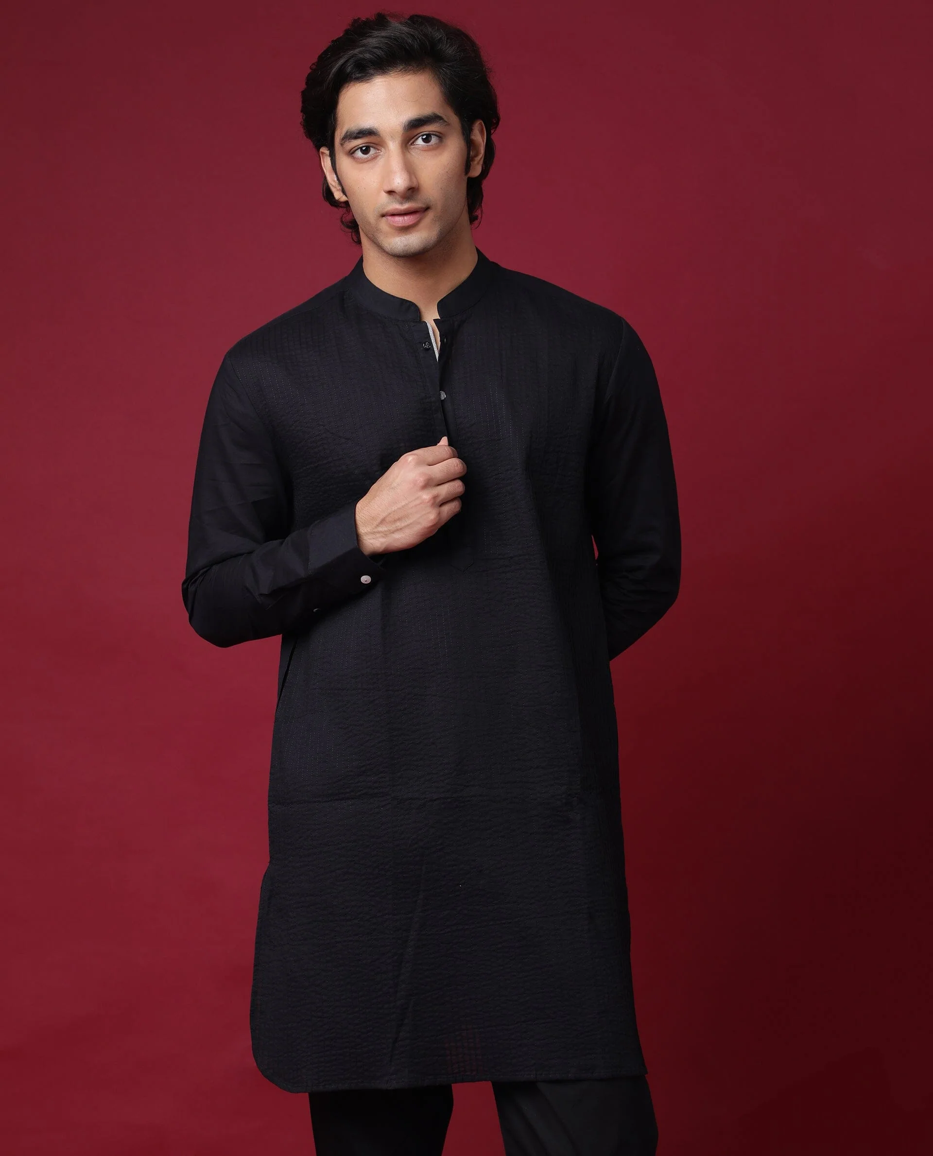 Rare Rabbit Men's Pintuck-1 Black Plain Regular Fit Full Sleeve Mandarin Collar Kurta - Image 4